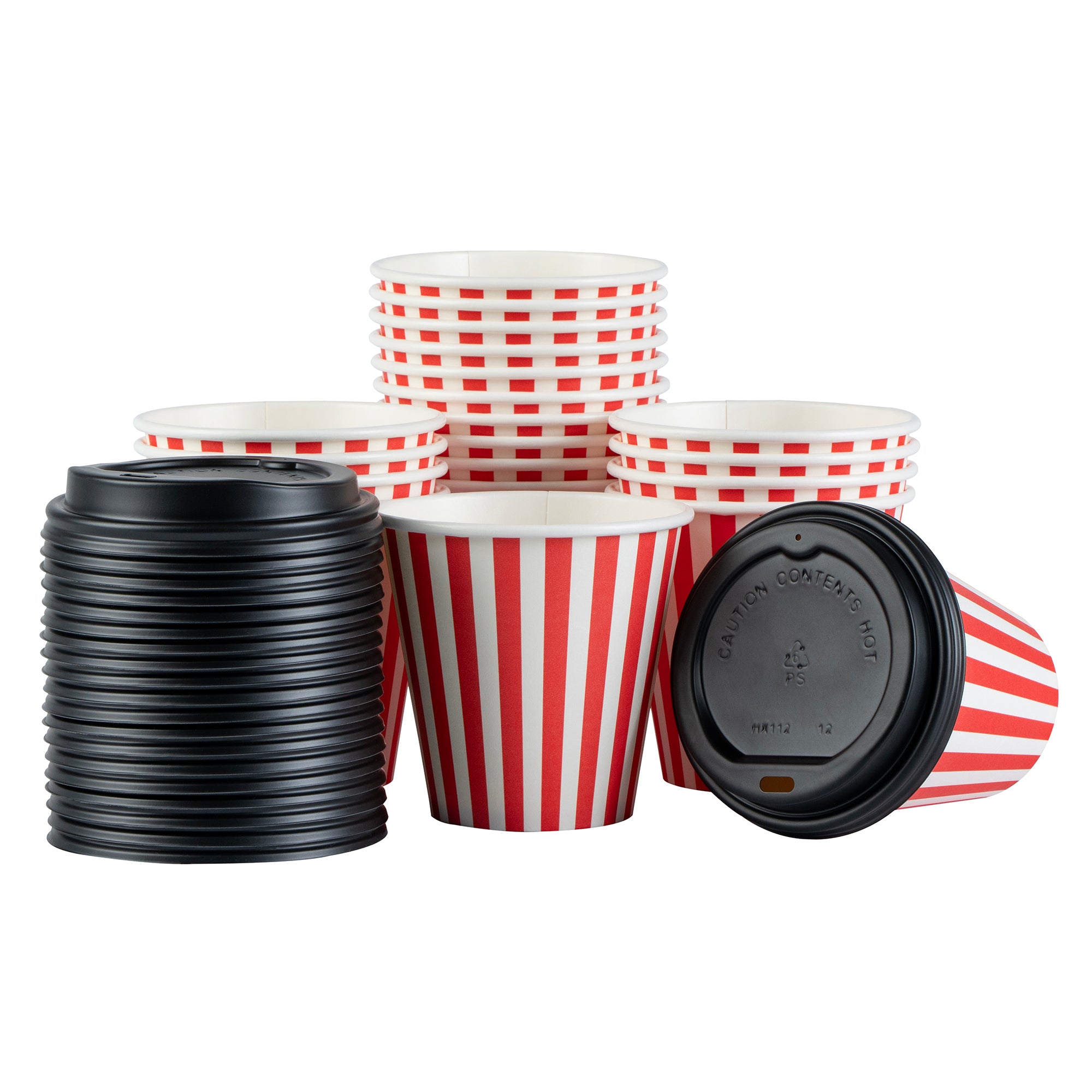 Restpresso 8 oz Red and White Stripe Paper Single Wall Coffee Cup - with Black Lid - 3 1/2" x 3 1/2" x 3 1/4" - 400 count box