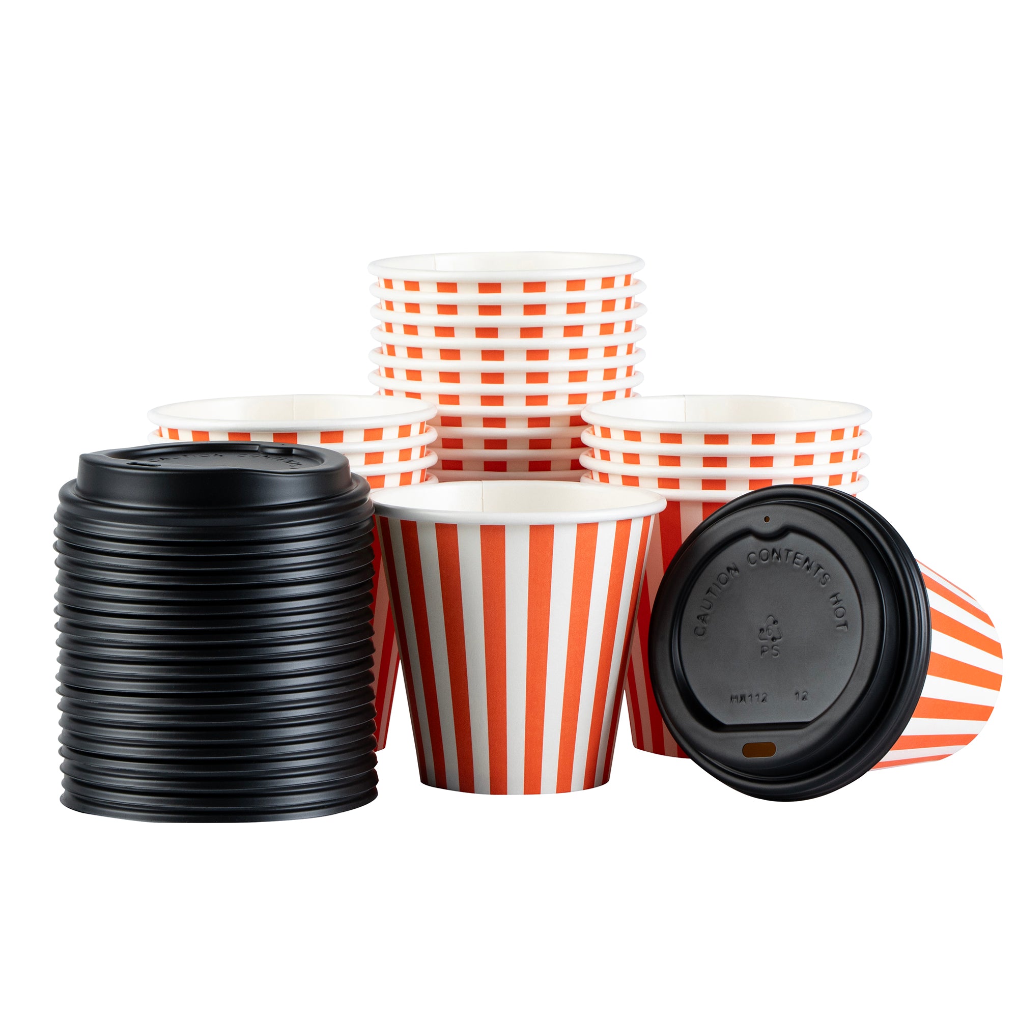 Restpresso 8 oz Orange and White Stripe Paper Single Wall Coffee Cup - with Black Lid - 3 1/2" x 3 1/2" x 3 1/4" - 400 count box