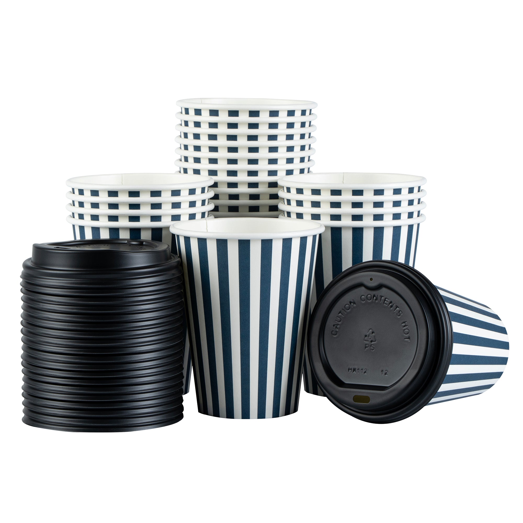 Restpresso 12 oz Blue and White Stripe Paper Single Wall Coffee Cup - with Black Lid - 3 1/2"x 3 1/2"x 4 1/4" - 400 count box