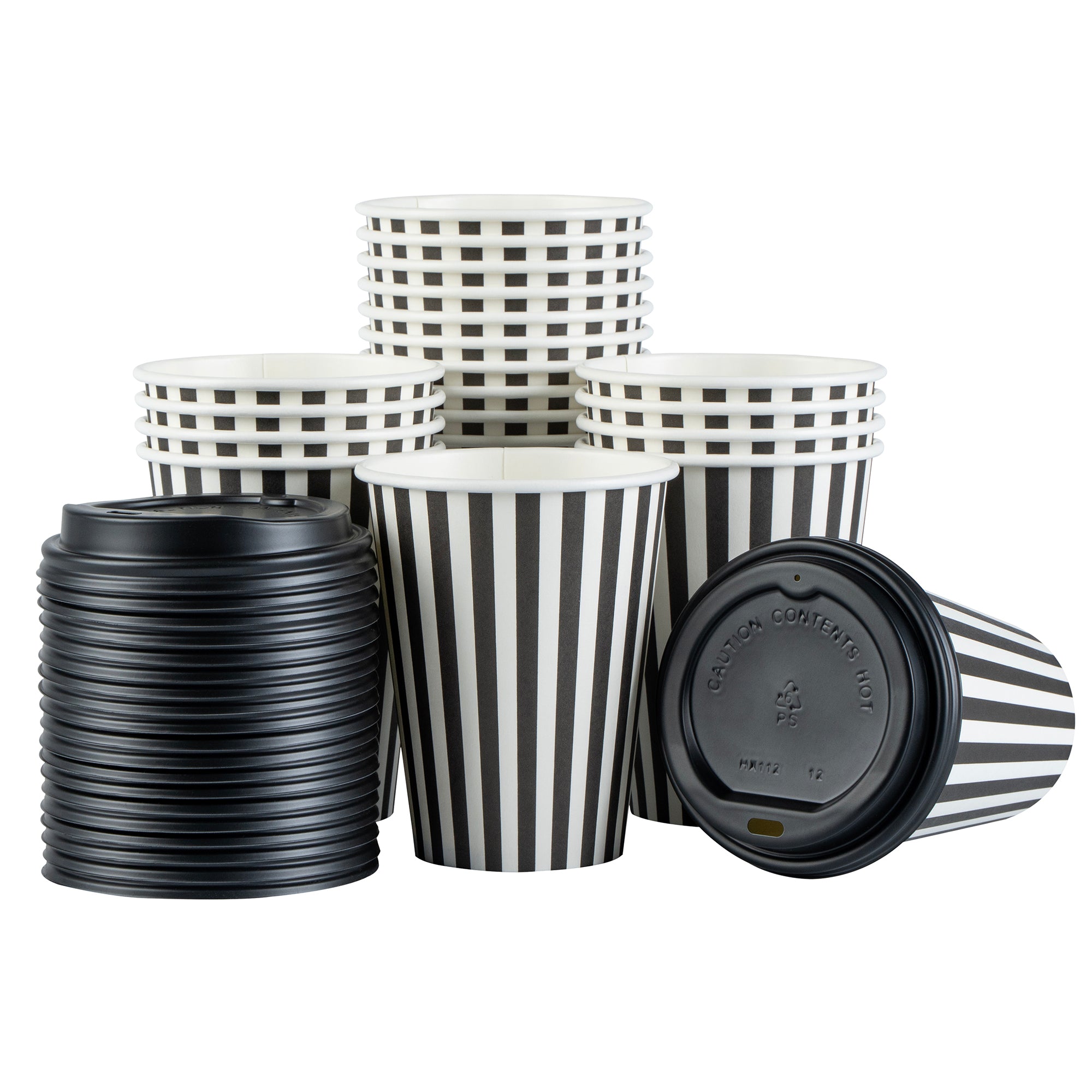 Restpresso 12 oz Black and White Stripe Paper Single Wall Coffee Cup - with Black Lid - 3 1/2"x 3 1/2"x 4 1/4" - 400 count box