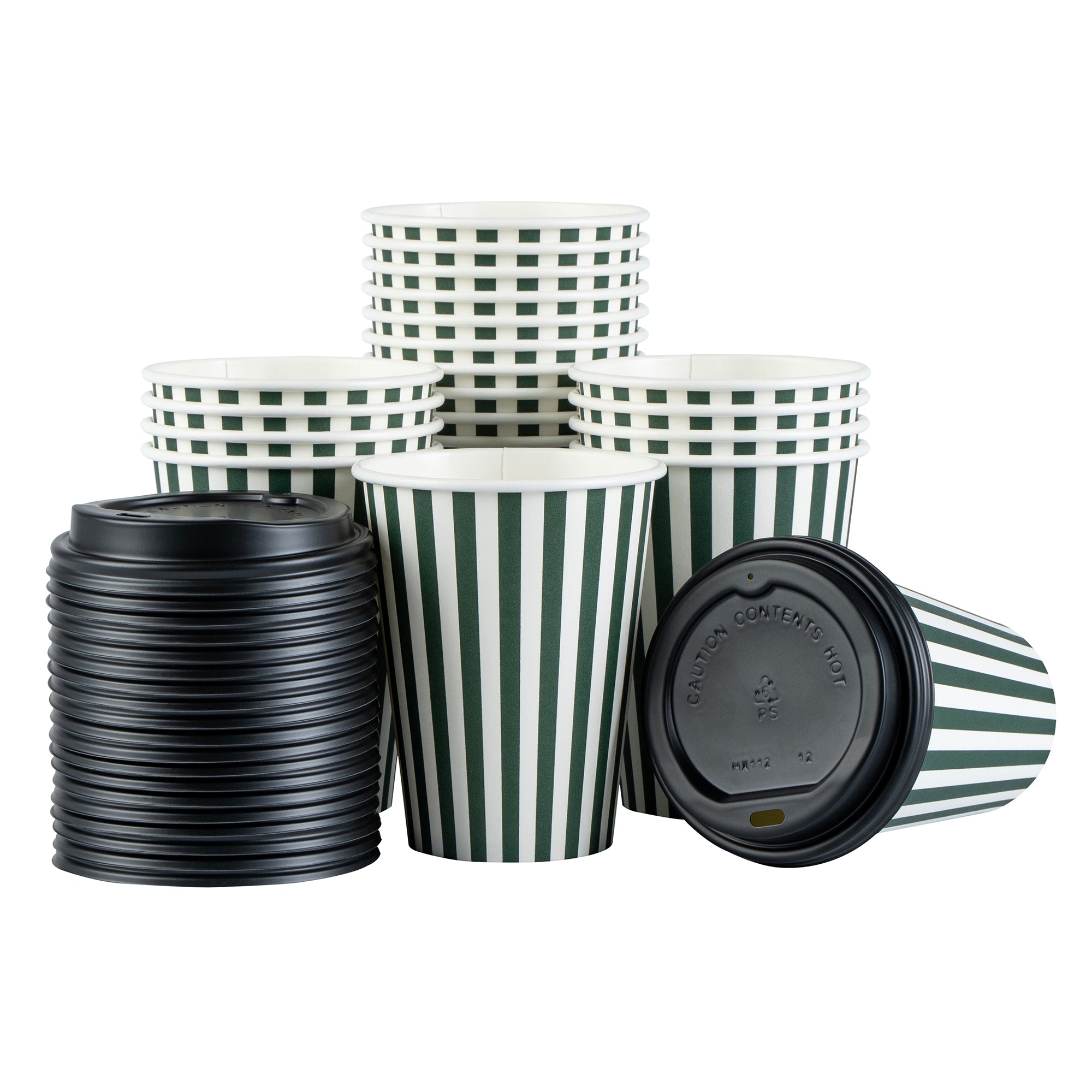 Restpresso 12 oz Forest Green and White Stripe Paper Single Wall Coffee Cup - with Black Lid - 3 1/2"x 3 1/2"x 4 1/4" - 400 count box