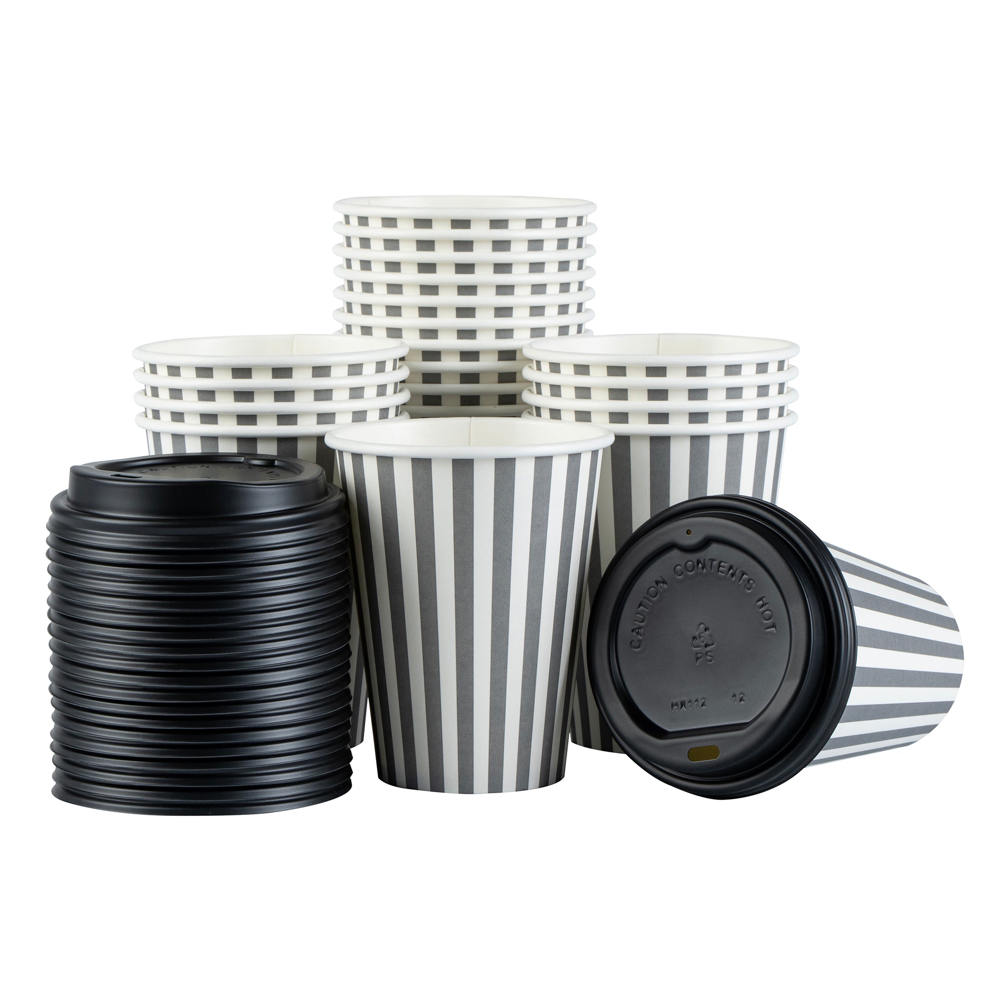 Restpresso 12 oz Gray and White Stripe Paper Single Wall Coffee Cup - with Black Lid - 3 1/2"x 3 1/2"x 4 1/4" - 400 count box