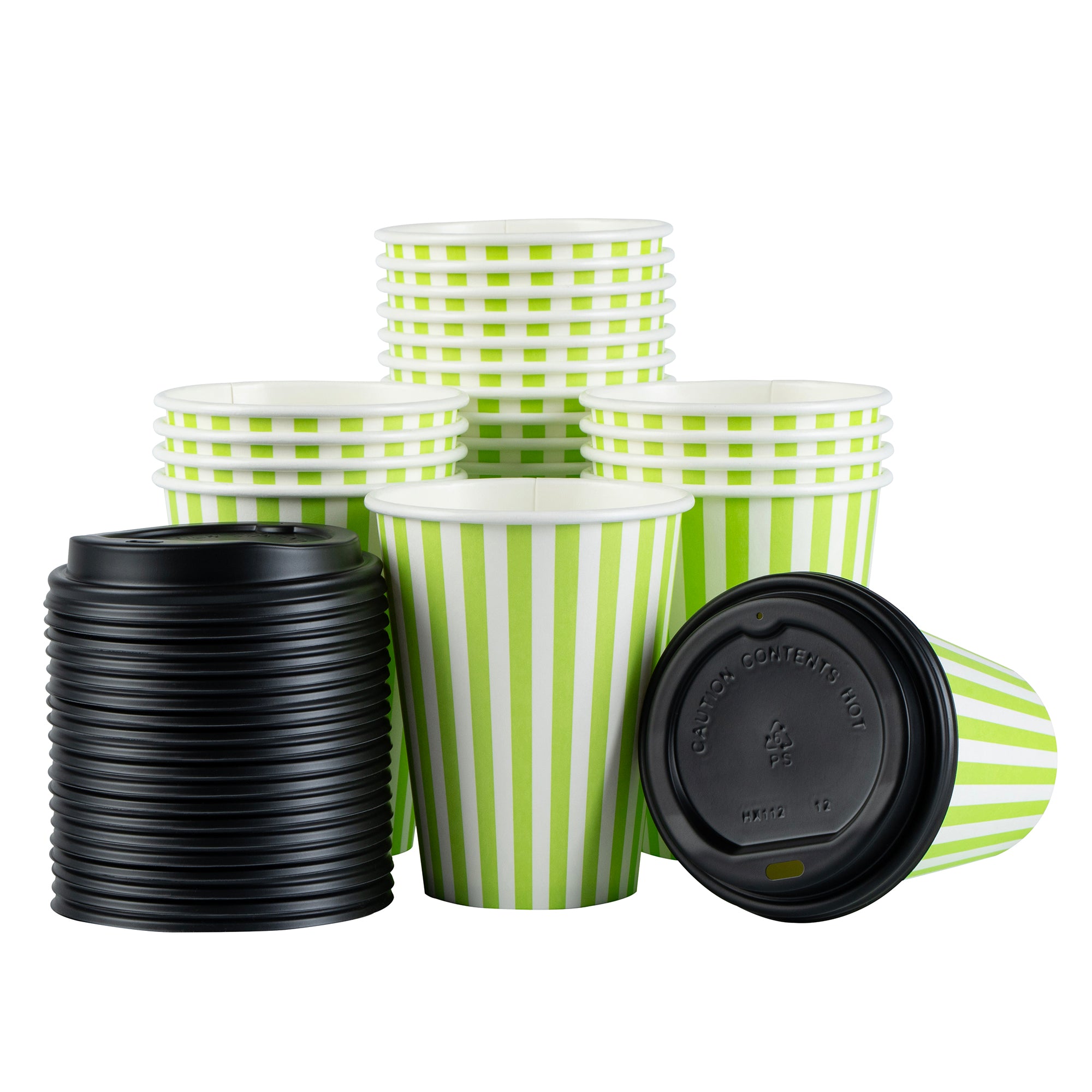 Restpresso 12 oz Green and White Stripe Paper Single Wall Coffee Cup - with Black Lid - 3 1/2"x 3 1/2"x 4 1/4" - 400 count box