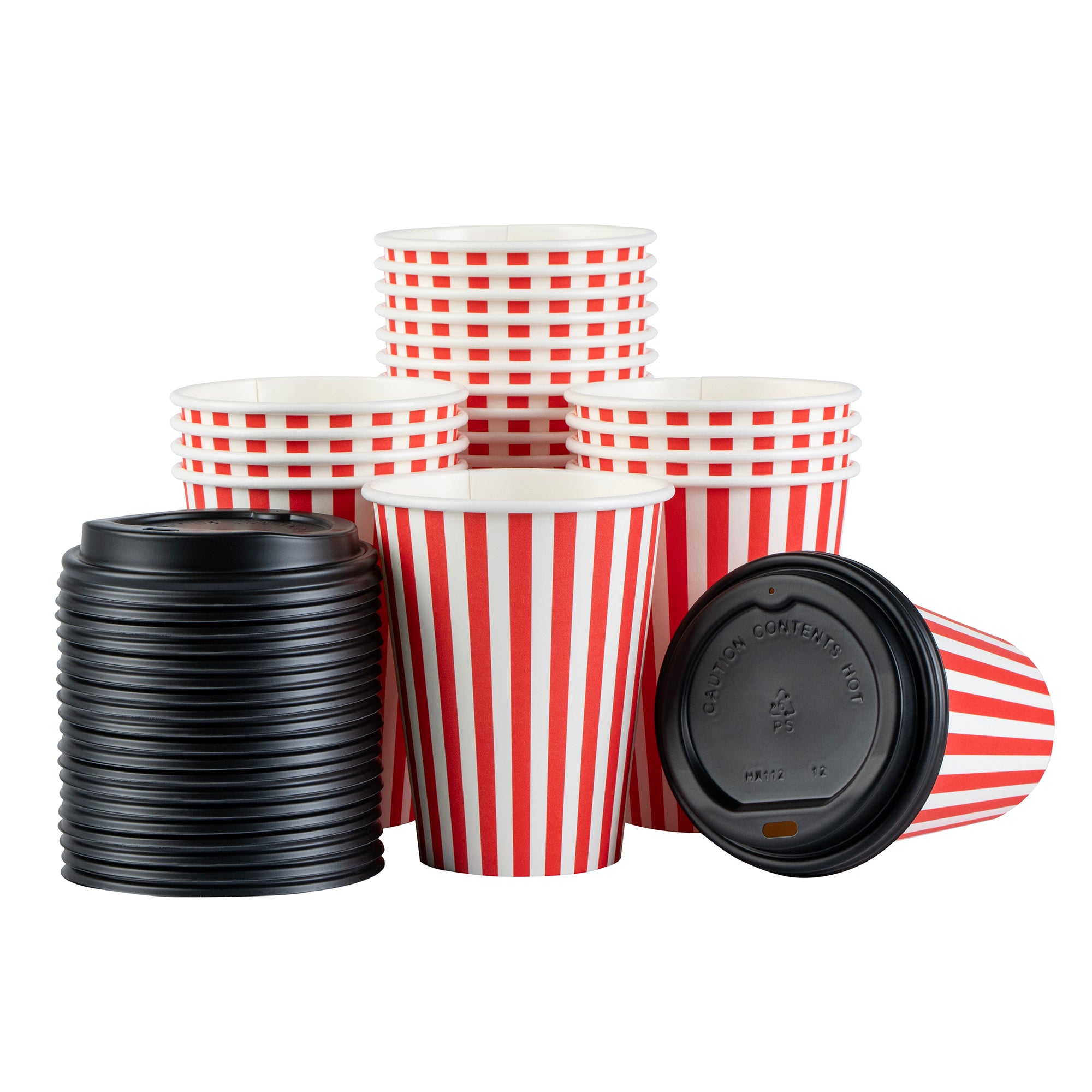 Restpresso 12 oz Red and White Stripe Paper Single Wall Coffee Cup - with Black Lid - 3 1/2"x 3 1/2"x 4 1/4" - 400 count box