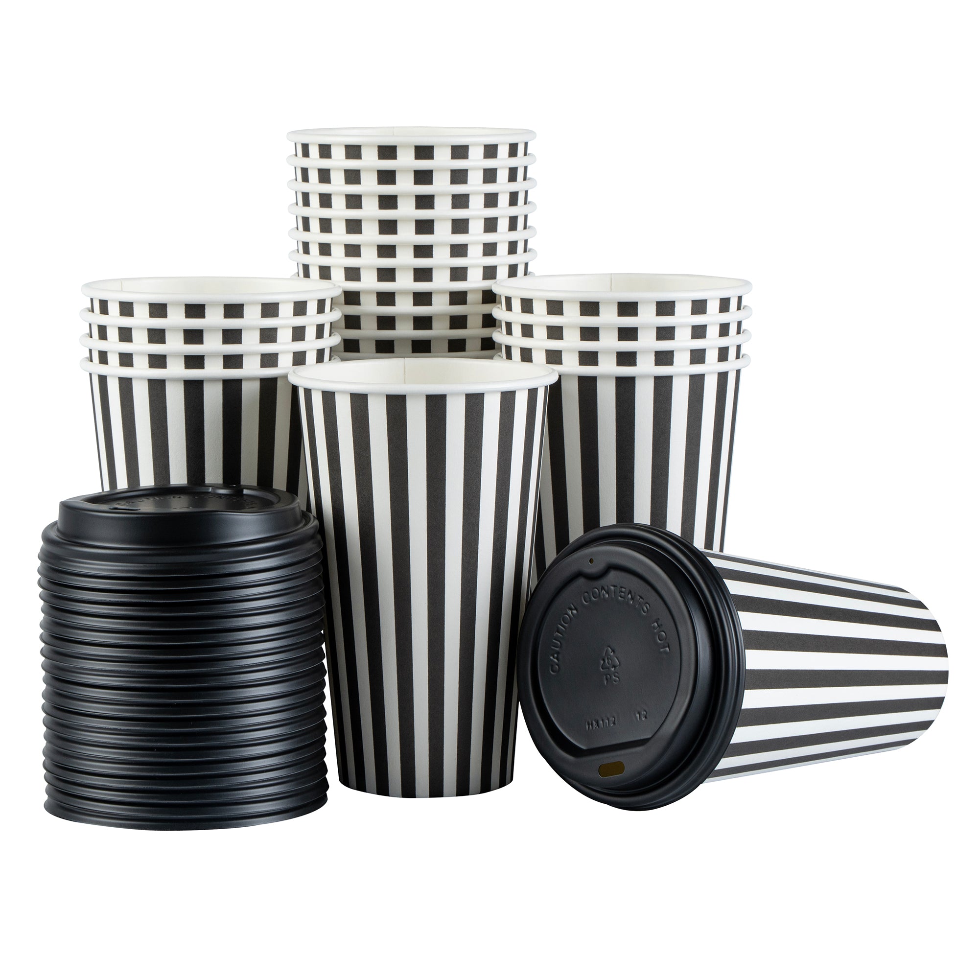 Restpresso 16 oz Black and White Stripe Paper Single Wall Coffee Cup - with Black Lid - 3 1/2"x 3 1/2"x 5 1/2" - 400 count box