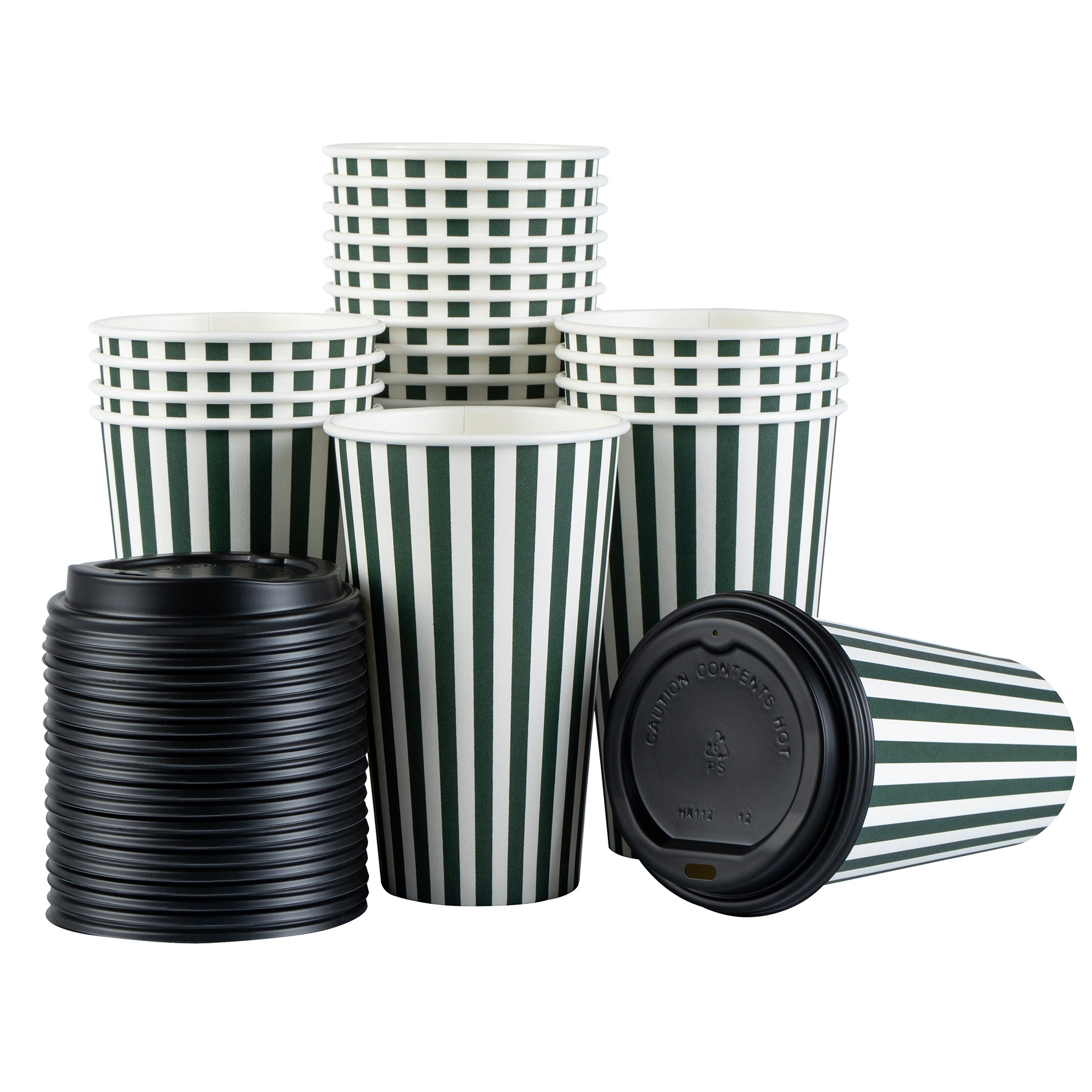 Restpresso 16 oz Forest Green and White Stripe Paper Single Wall Coffee Cup - with Black Lid - 3 1/2"x 3 1/2"x 5 1/2" - 400 count box