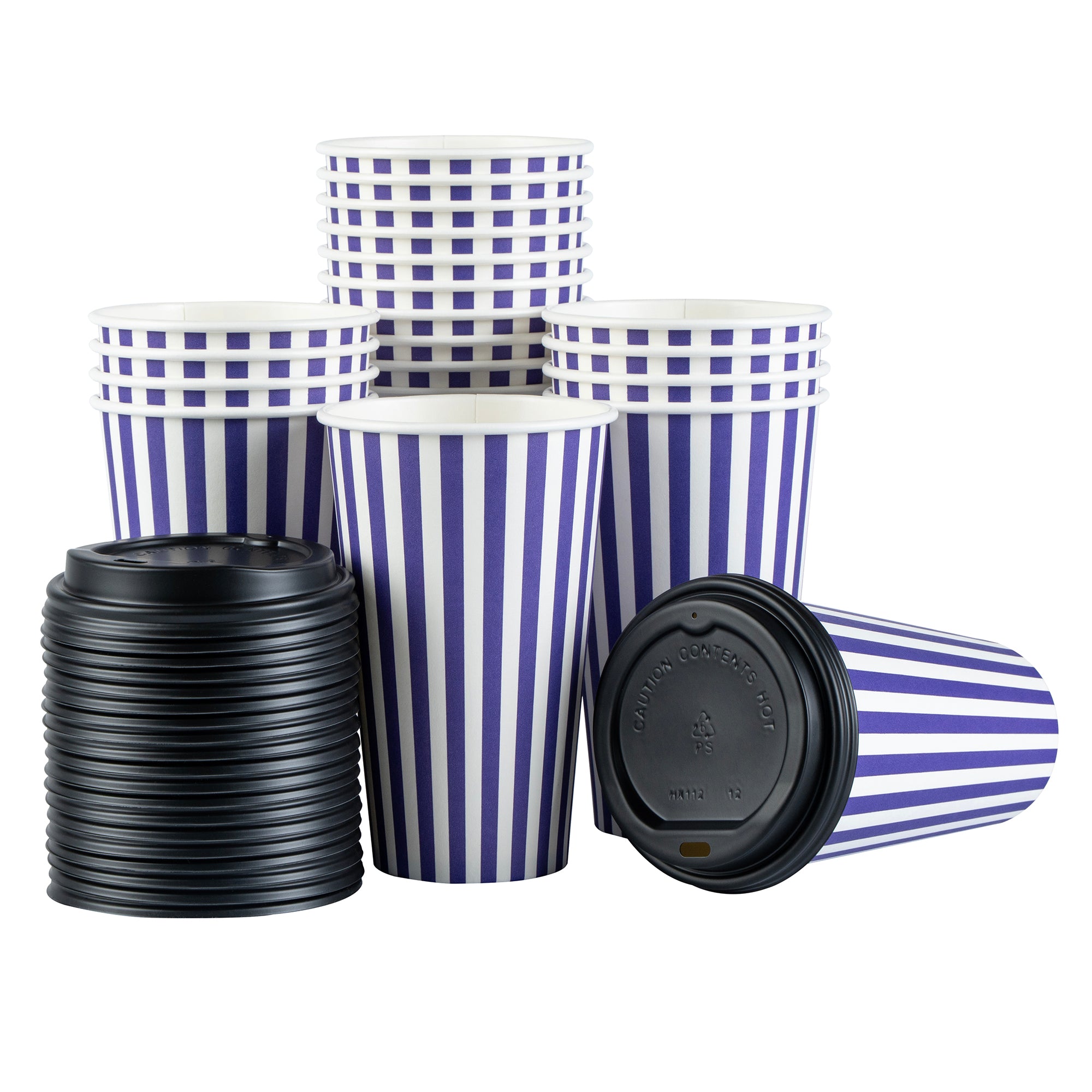 Restpresso 16 oz Purple and White Stripe Paper Single Wall Coffee Cup - with Black Lid - 3 1/2"x 3 1/2"x 5 1/2" - 400 count box