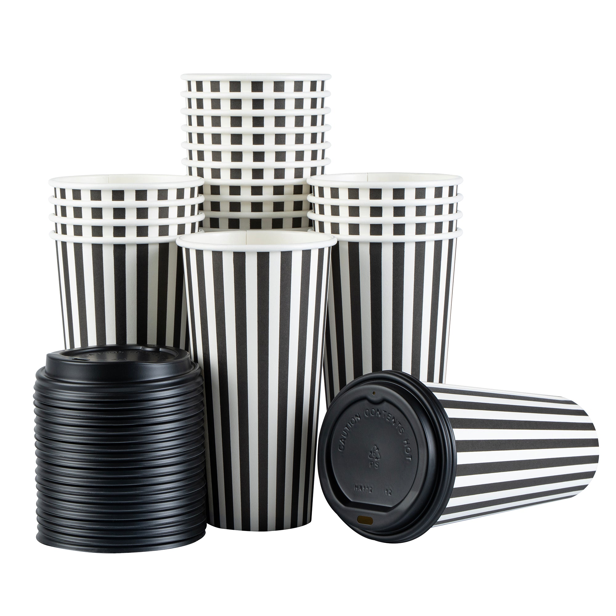 Restpresso 20 oz Black and White Stripe Paper Single Wall Coffee Cup - with Black Lid - 3 1/2"x 3 1/2"x 6 1/4" - 400 count box