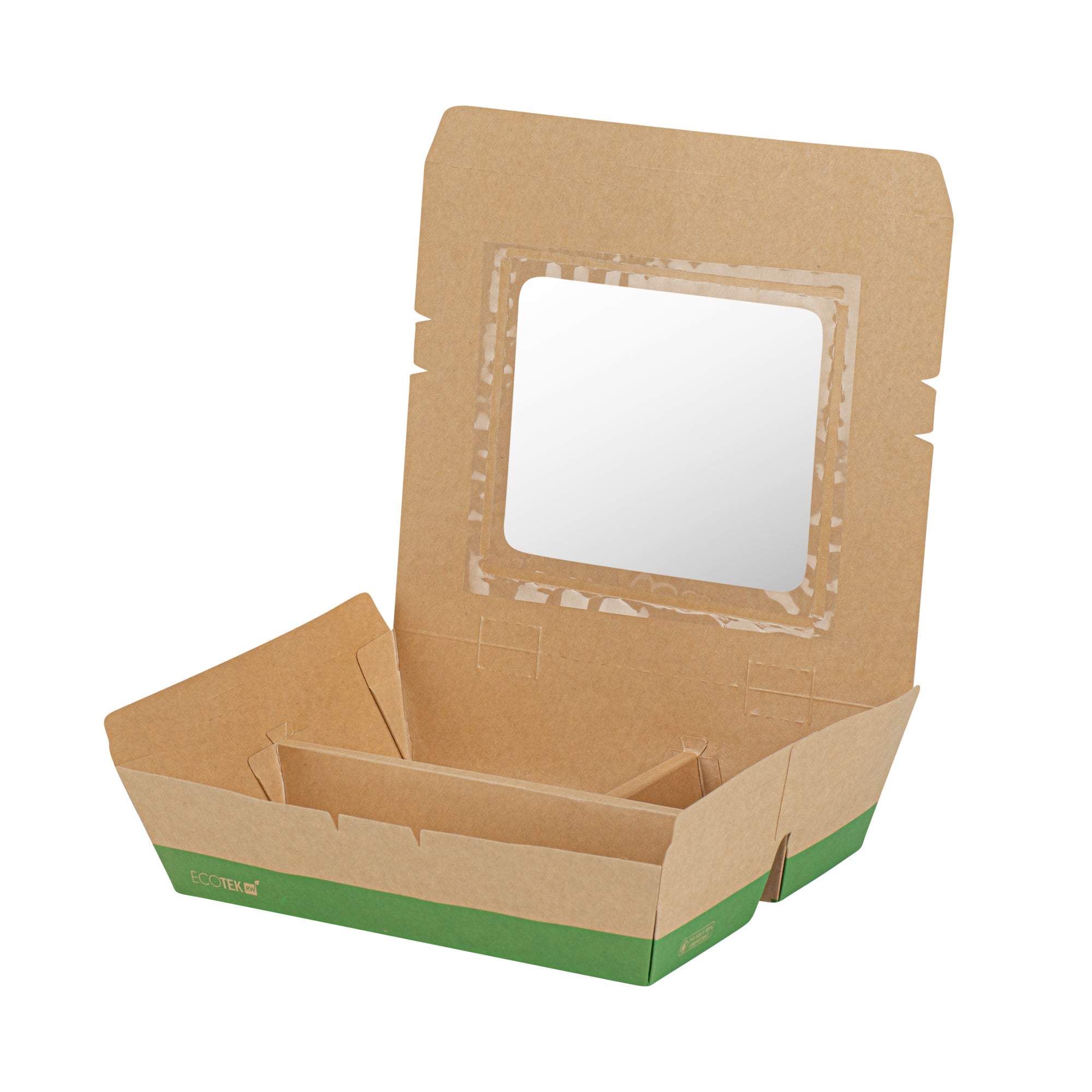 Eco Tek 51 oz Kraft and Green Paper Bento Box - with PLA Window, 3-Compartment, Compostable - 9 1/2'' x 7 1/2'' x 2'' - 100 count box