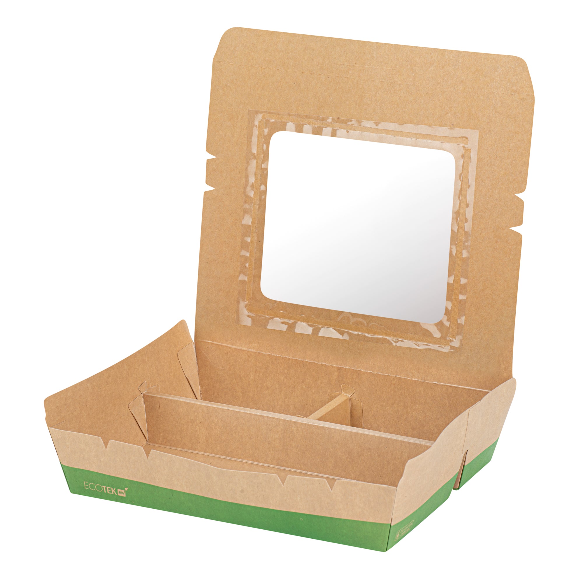 Eco Tek 78 oz Kraft and Green Paper Bento Box - with PLA Window, 3-Compartment, Compostable - 11" x 9" x 2" - 100 count box