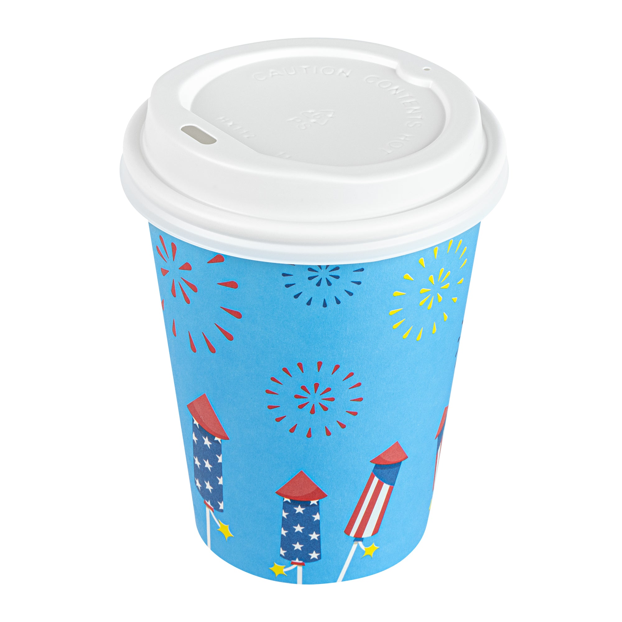 Restpresso 12 oz 4th of July Paper Single Wall Coffee Cup - with White Lid - 3 1/2" x 3 1/2" x 4 3/4" - 400 count box