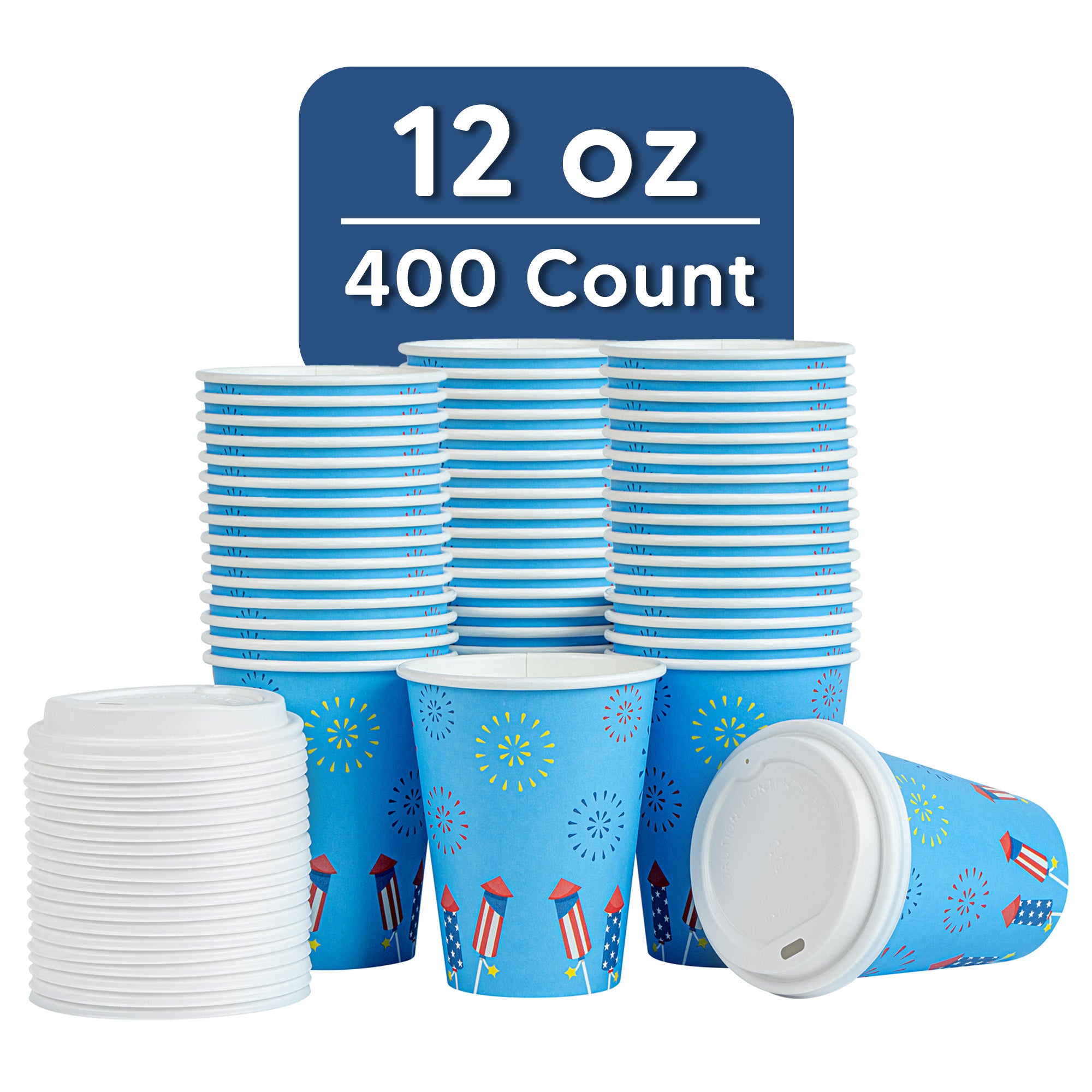 Restpresso 12 oz 4th of July Paper Single Wall Coffee Cup - with White Lid - 3 1/2" x 3 1/2" x 4 3/4" - 400 count box