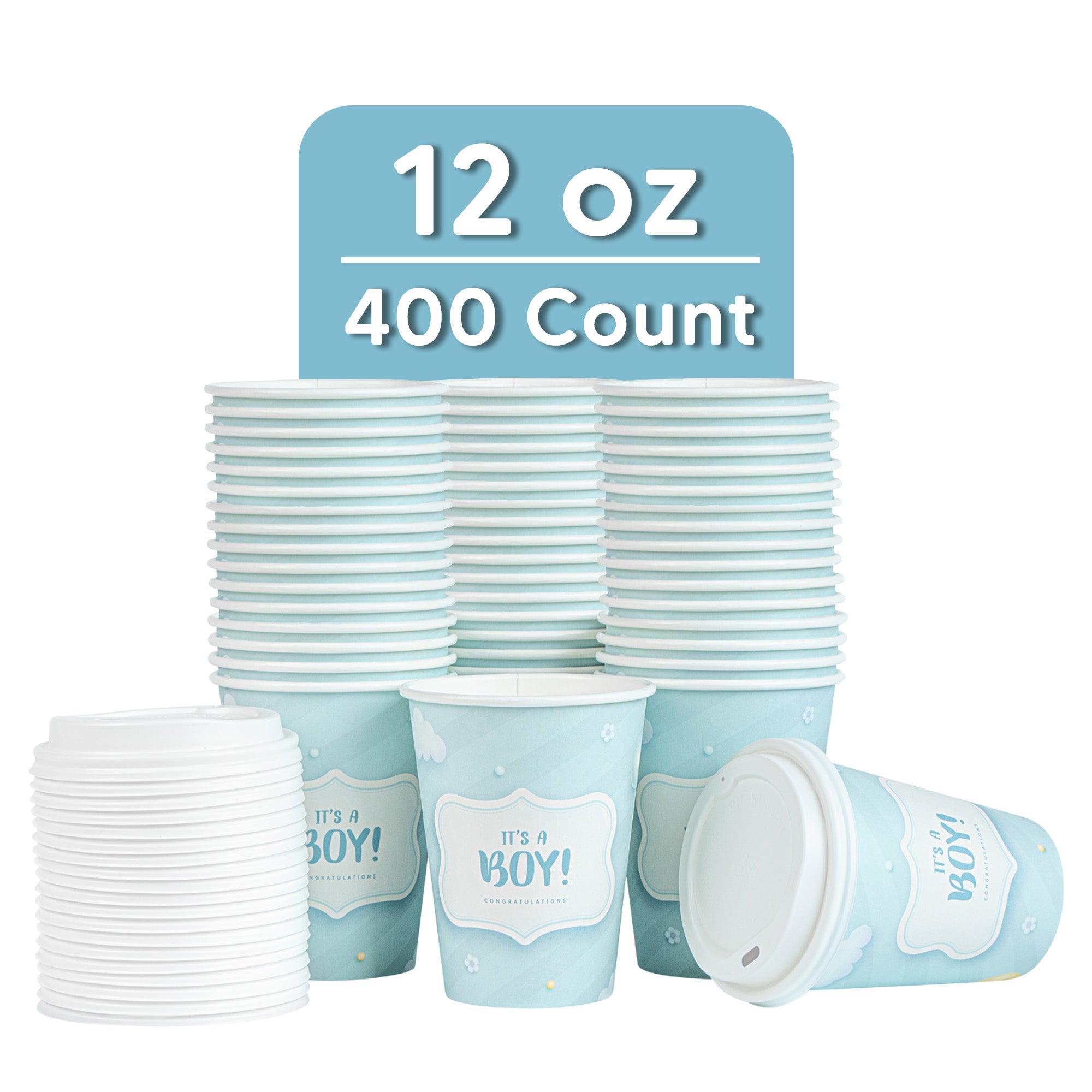 Restpresso 12 oz It's a Boy Paper Single Wall Coffee Cup - with White Lid - 3 1/2" x 3 1/2" x 4 3/4" - 400 count box