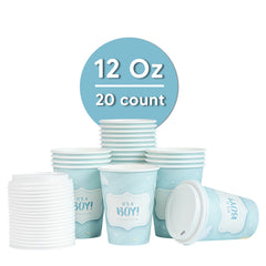 Restpresso 12 oz It's a Boy Paper Single Wall Coffee Cup - with White Lid - 3 1/2