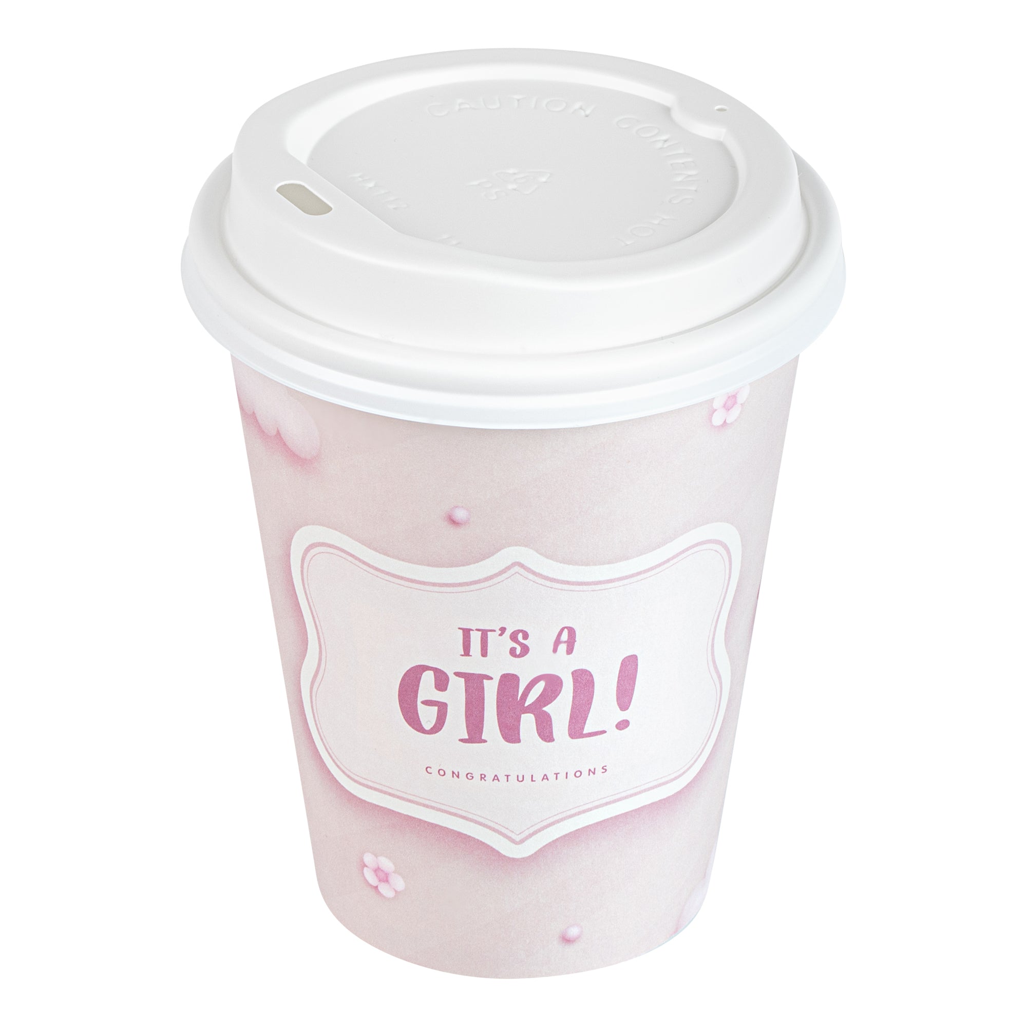 Restpresso 12 oz It's a Girl Paper Single Wall Coffee Cup - with White Lid - 3 1/2" x 3 1/2" x 4 3/4" - 400 count box