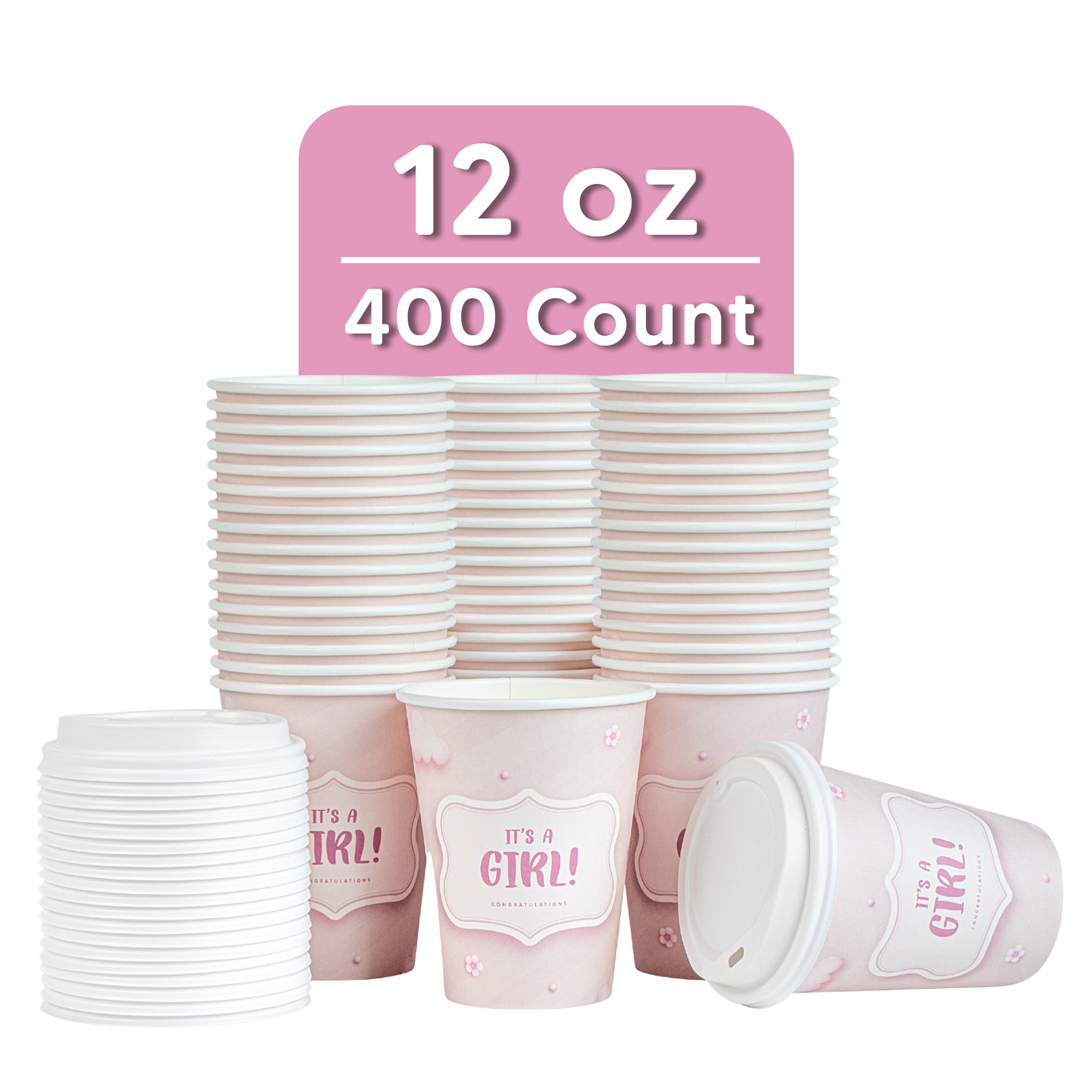 Restpresso 12 oz It's a Girl Paper Single Wall Coffee Cup - with White Lid - 3 1/2" x 3 1/2" x 4 3/4" - 400 count box