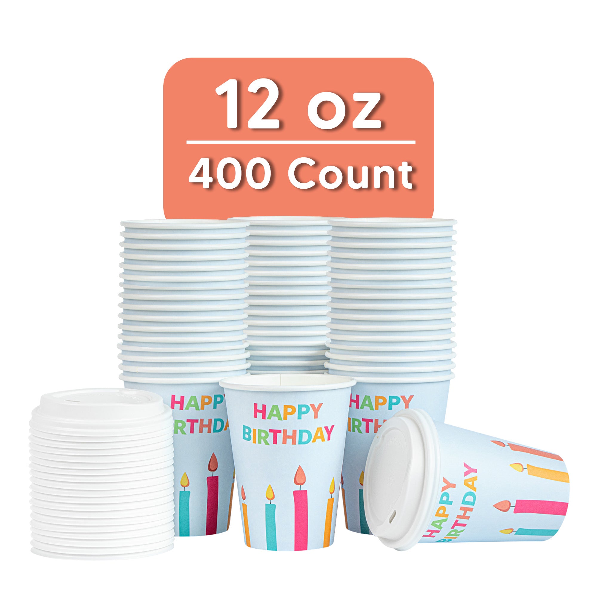 Restpresso 12 oz Happy Birthday Paper Single Wall Coffee Cup - with White Lid - 3 1/2" x 3 1/2" x 4 3/4" - 400 count box