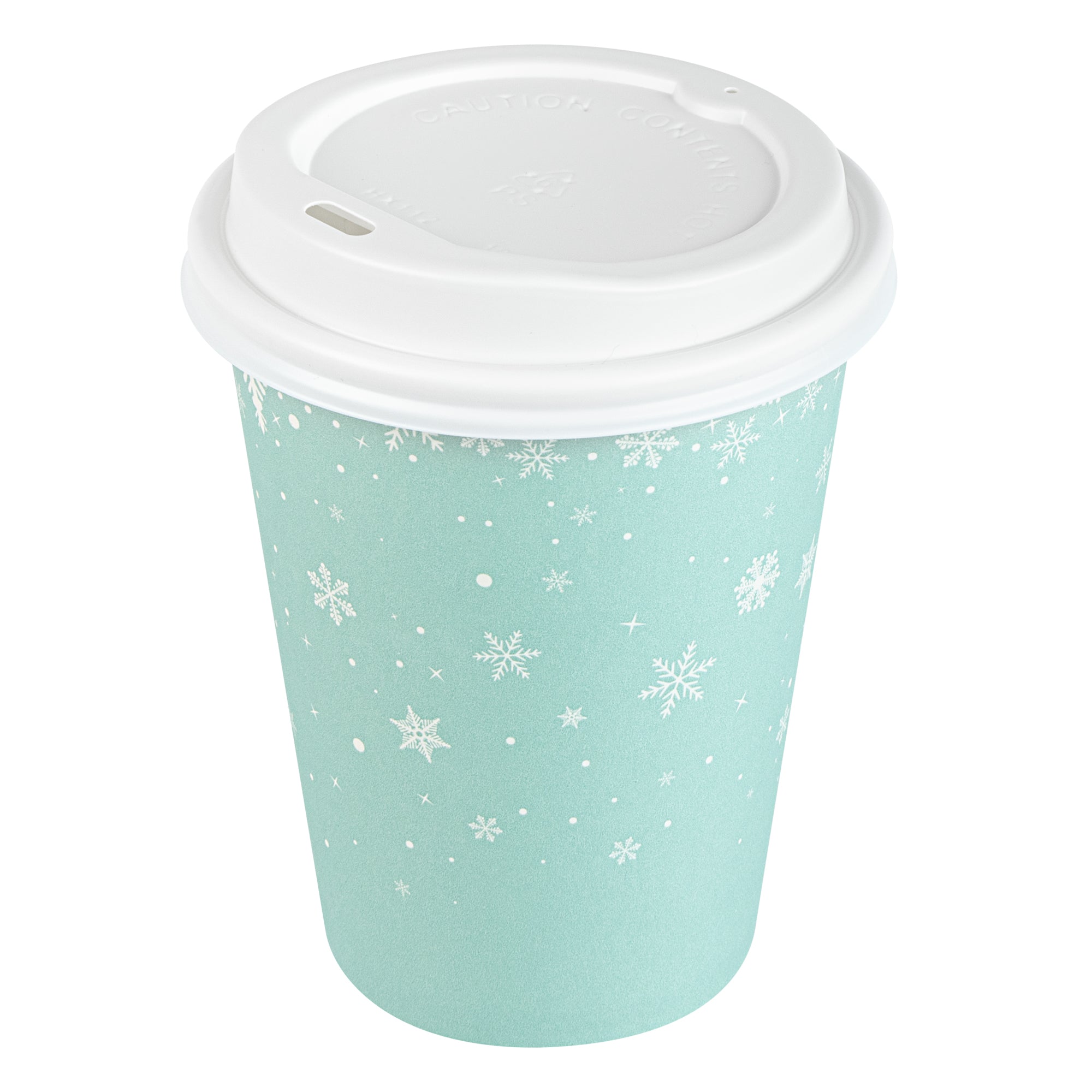 Restpresso 12 oz Blue Christmas Snowflakes Paper Single Wall Coffee Cup - with White Lid - 3 1/2" x 3 1/2" x 4 3/4" - 400 count box