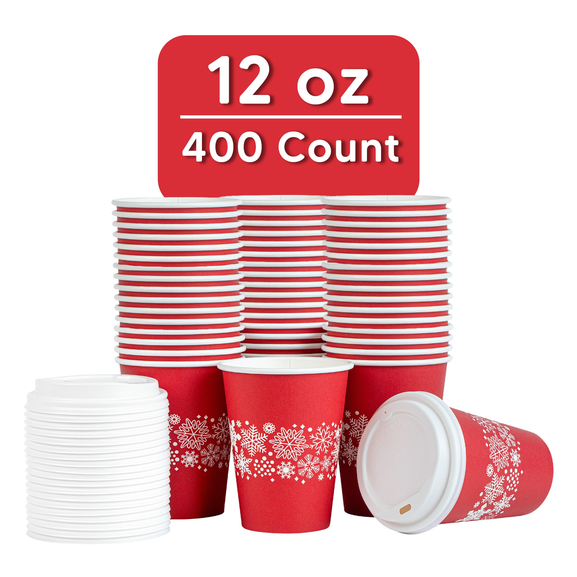 Restpresso 12 oz Red Christmas Snowflakes Paper Single Wall Coffee Cup - with White Lid - 3 1/2" x 3 1/2" x 4 3/4" - 400 count box