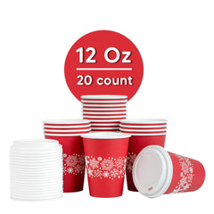 Restpresso 12 oz Red Christmas Snowflakes Paper Single Wall Coffee Cup - with White Lid - 3 1/2