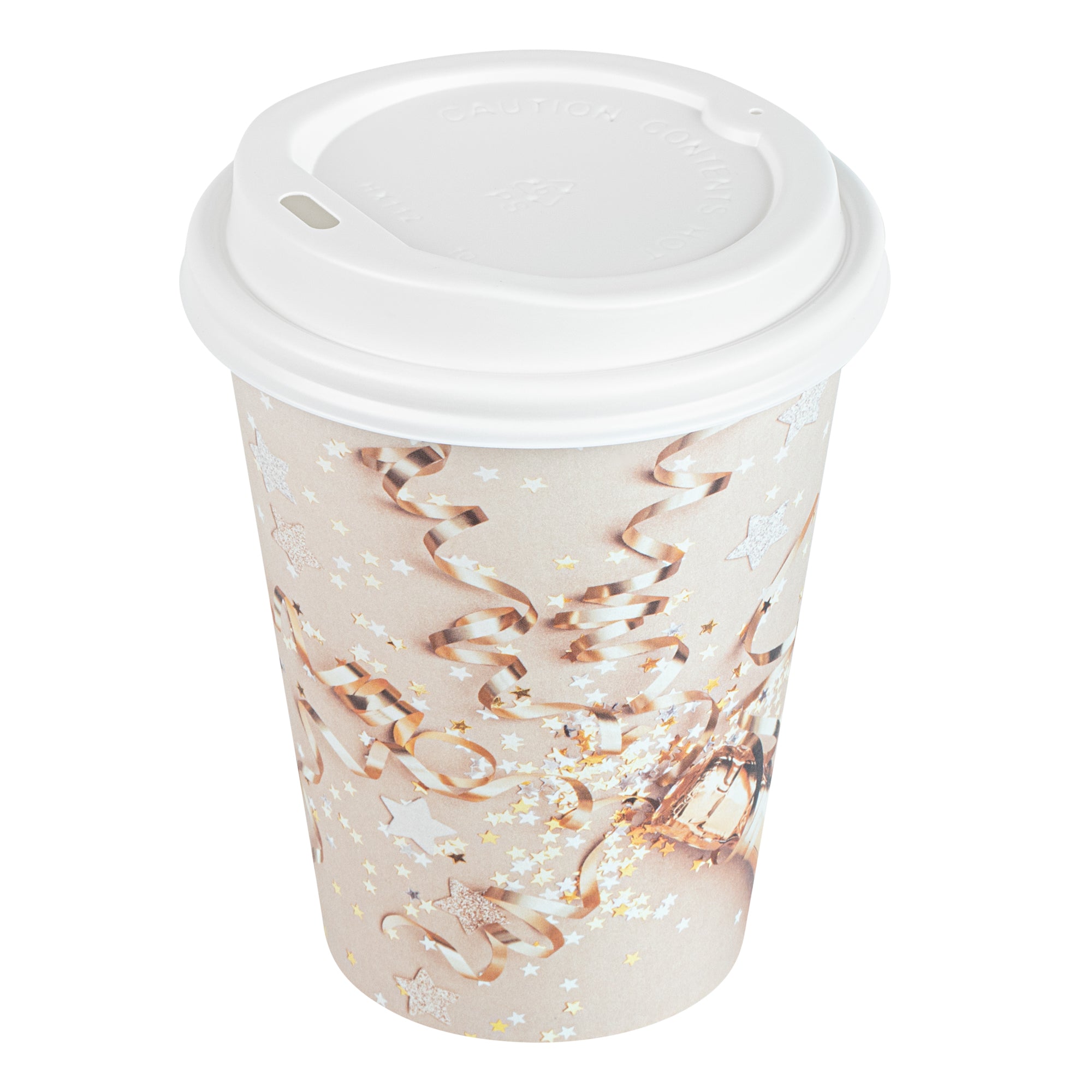 Restpresso 12 oz New Year's Eve Paper Single Wall Coffee Cup - with White Lid - 3 1/2" x 3 1/2" x 4 3/4" - 400 count box