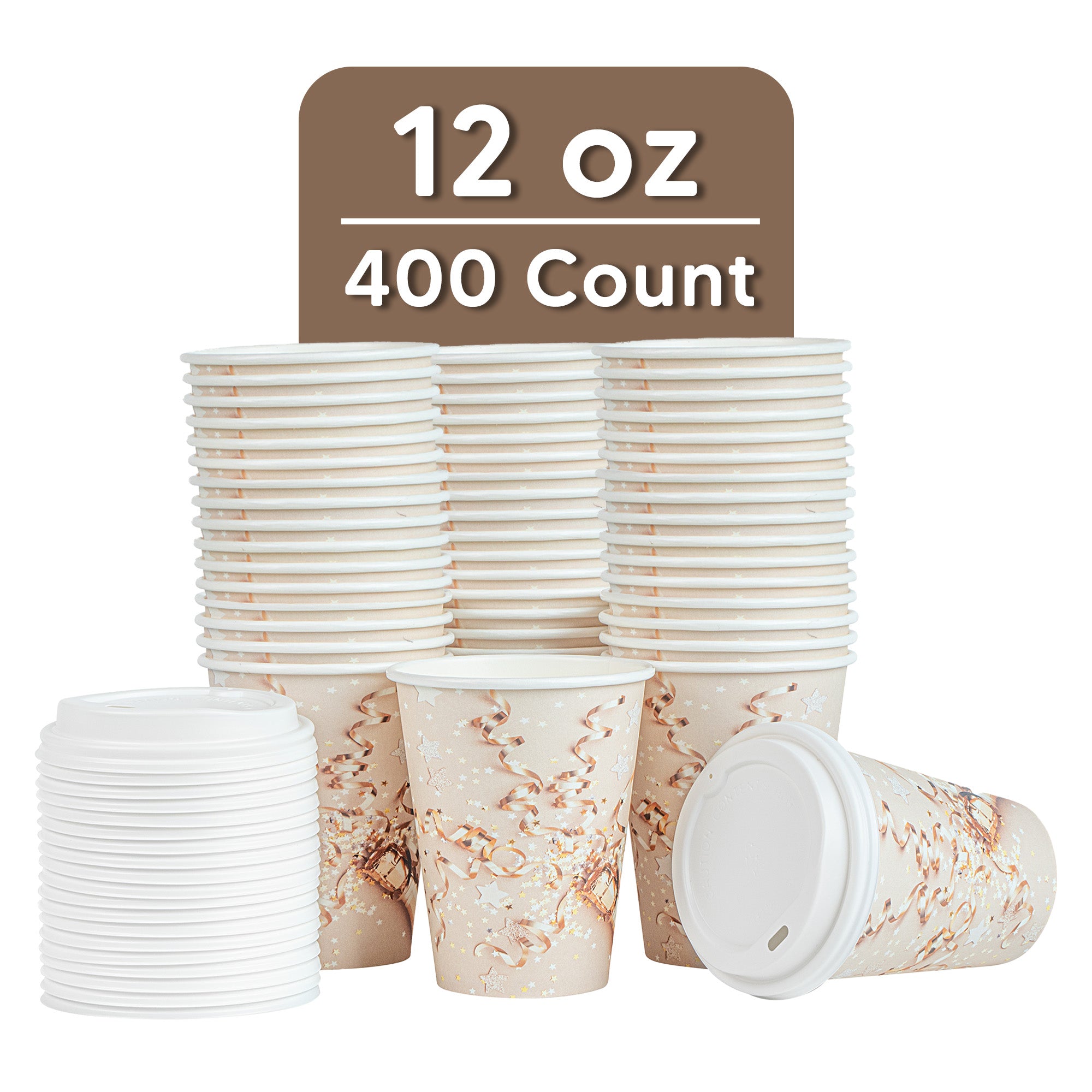 Restpresso 12 oz New Year's Eve Paper Single Wall Coffee Cup - with White Lid - 3 1/2" x 3 1/2" x 4 3/4" - 400 count box