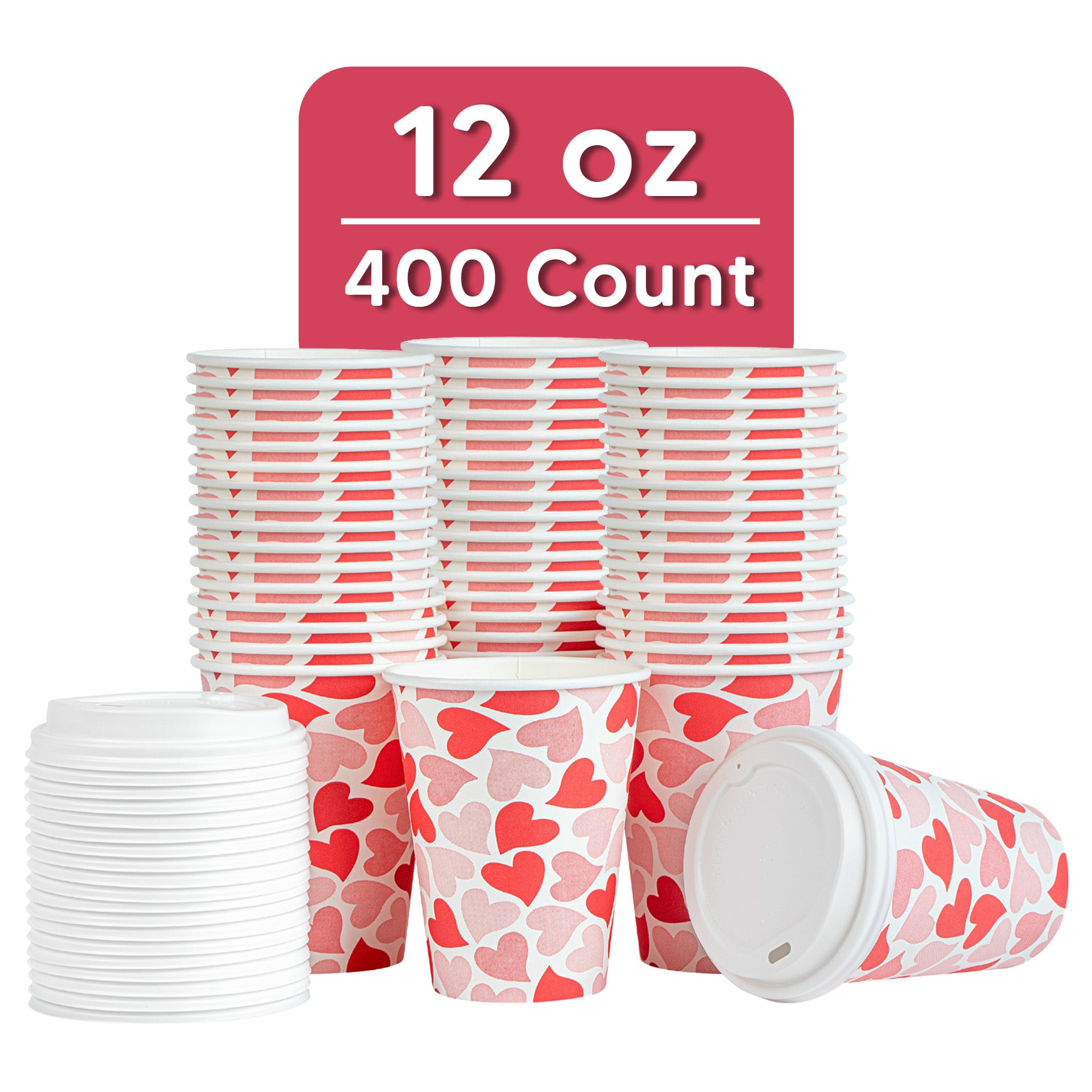 Restpresso 12 oz Valentine's Day Paper Single Wall Coffee Cup - with White Lid - 3 1/2" x 3 1/2" x 4 3/4" - 400 count box