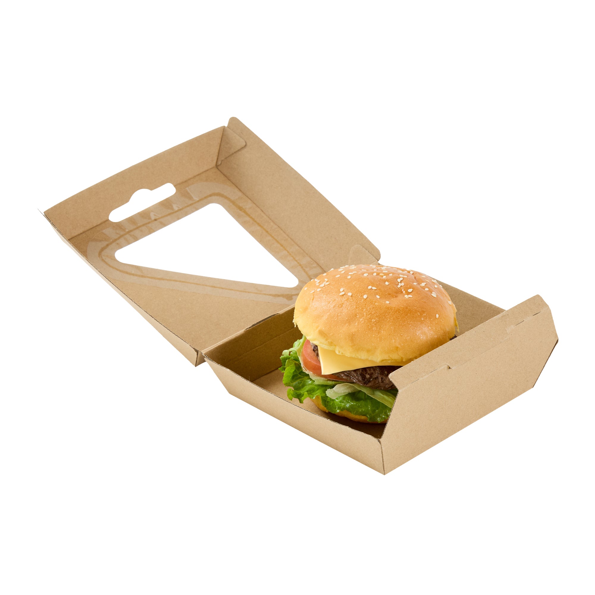 Eco Tek Kraft Paper Corrugated Burger Box - with PLA Window - 5 1/2" x 5 1/2" x 2 3/4" - 100 count box