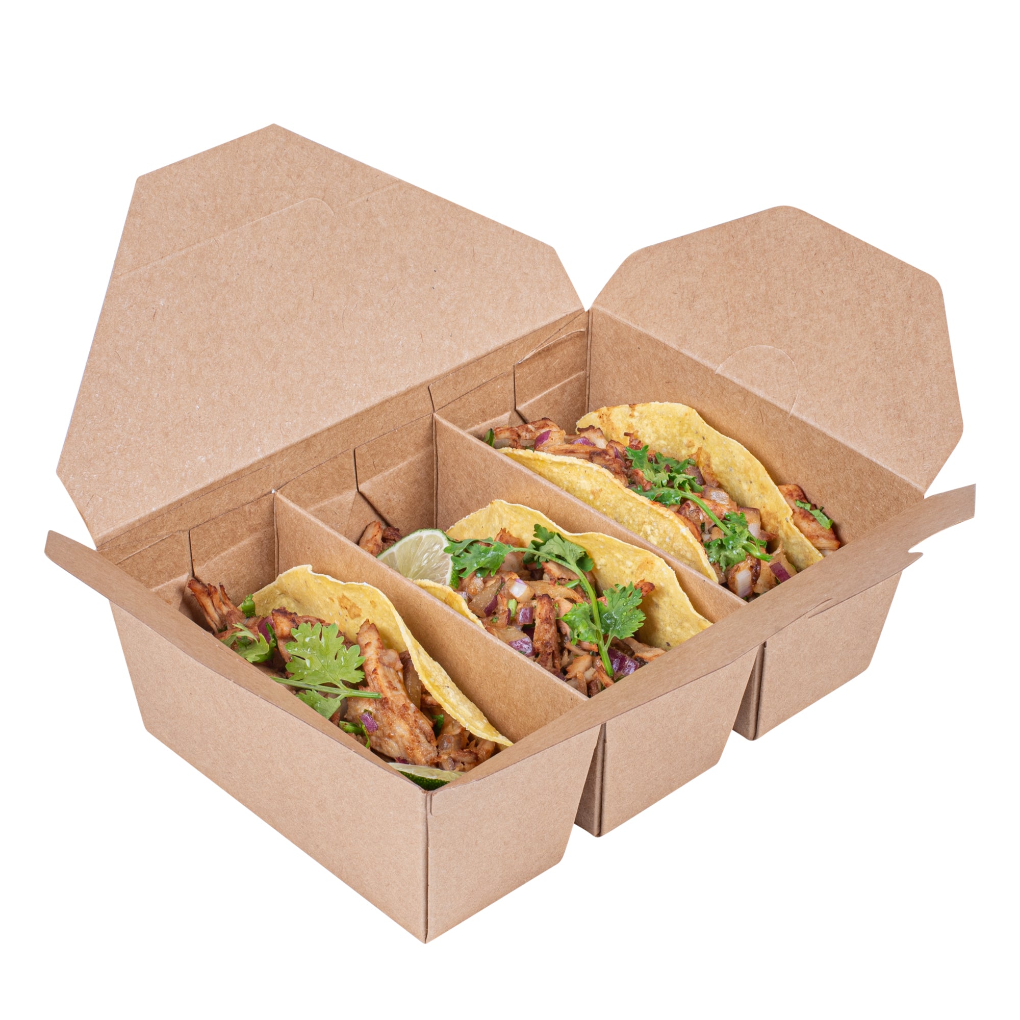 Bio Tek Kraft Paper Taco Take Out Container - 3 Compartments - 7 1/2" x 5 1/2" x 2" - 100 count box