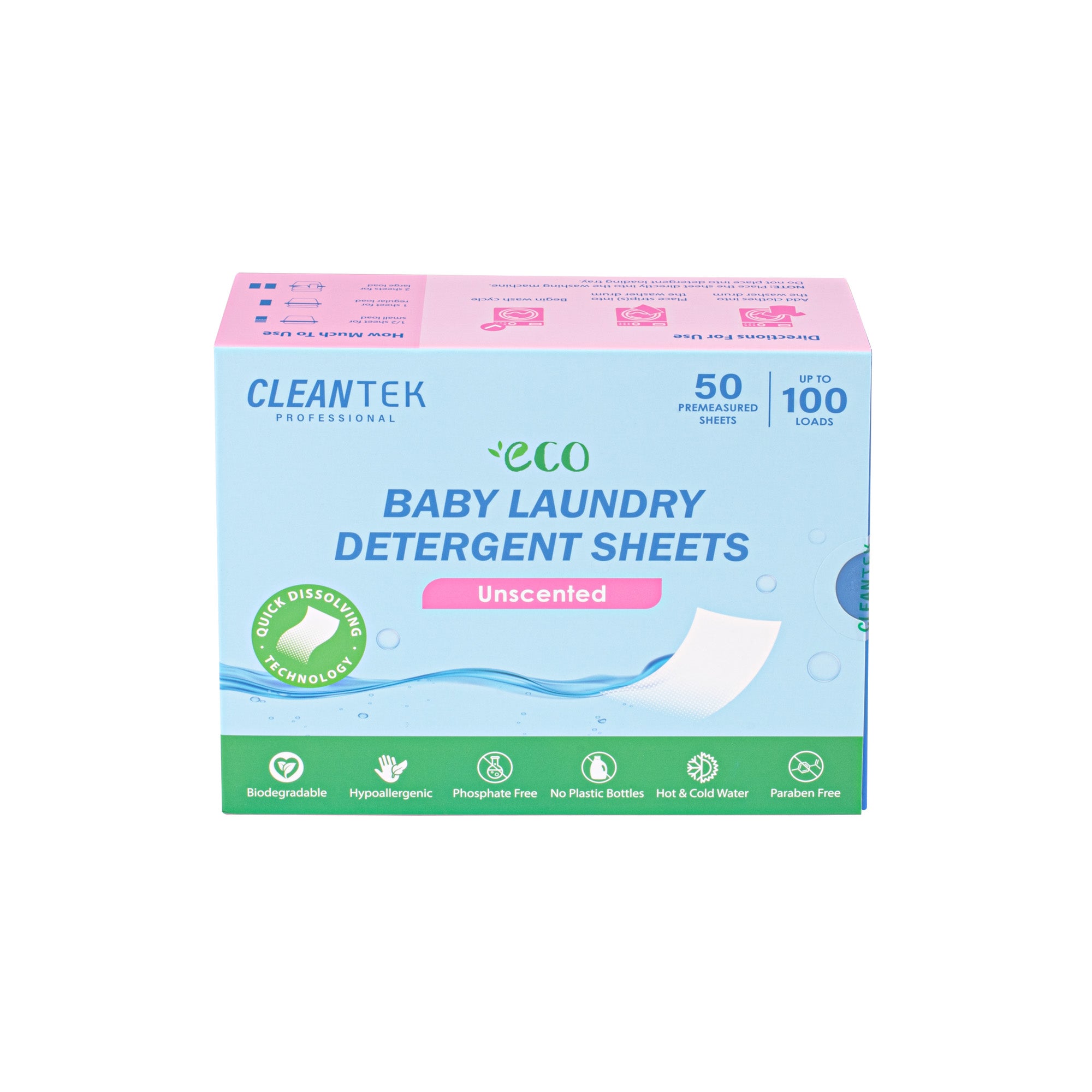 Clean Tek Professional Liquidless Baby Laundry Detergent Sheet - Unscented, Biodegradable, Hypoallergenic - 50 count box