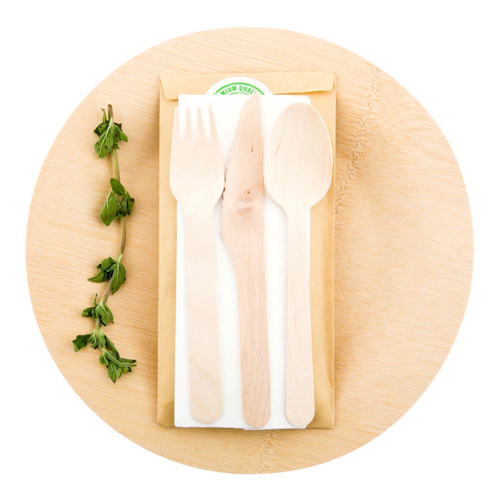 Eco Luxe Natural Wood Cutlery Set - with Napkin and Paper Pouch - 7" x 3 1/2" - 100 count box