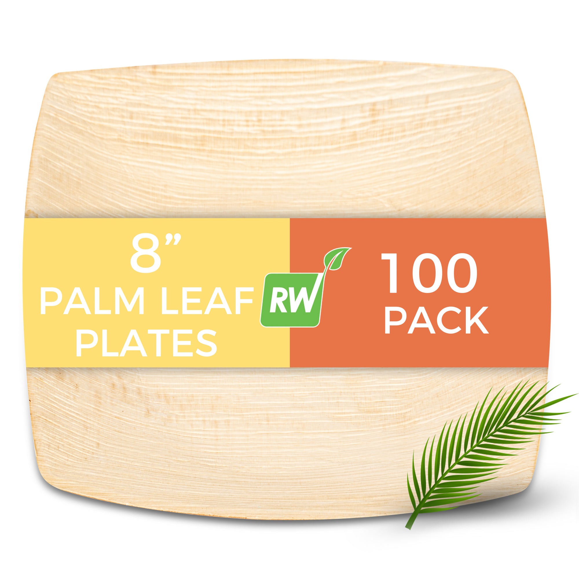 Midori Square Natural Palm Leaf Large Plate - 8" x 8" x 3/4" - 100 count box