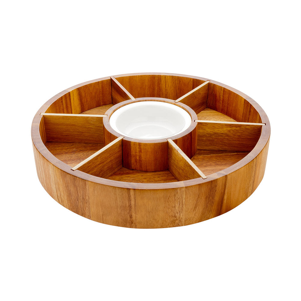 Aperitivo Round Natural Acacia Chip and Dip Plate - 6 Compartments, Porcelain Bowl - 12" x 12" x 1 1/2" - 1 count box