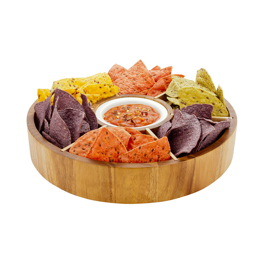 Aperitivo Round Natural Acacia Chip and Dip Plate - 6 Compartments, Porcelain Bowl - 12" x 12" x 1 1/2" - 1 count box