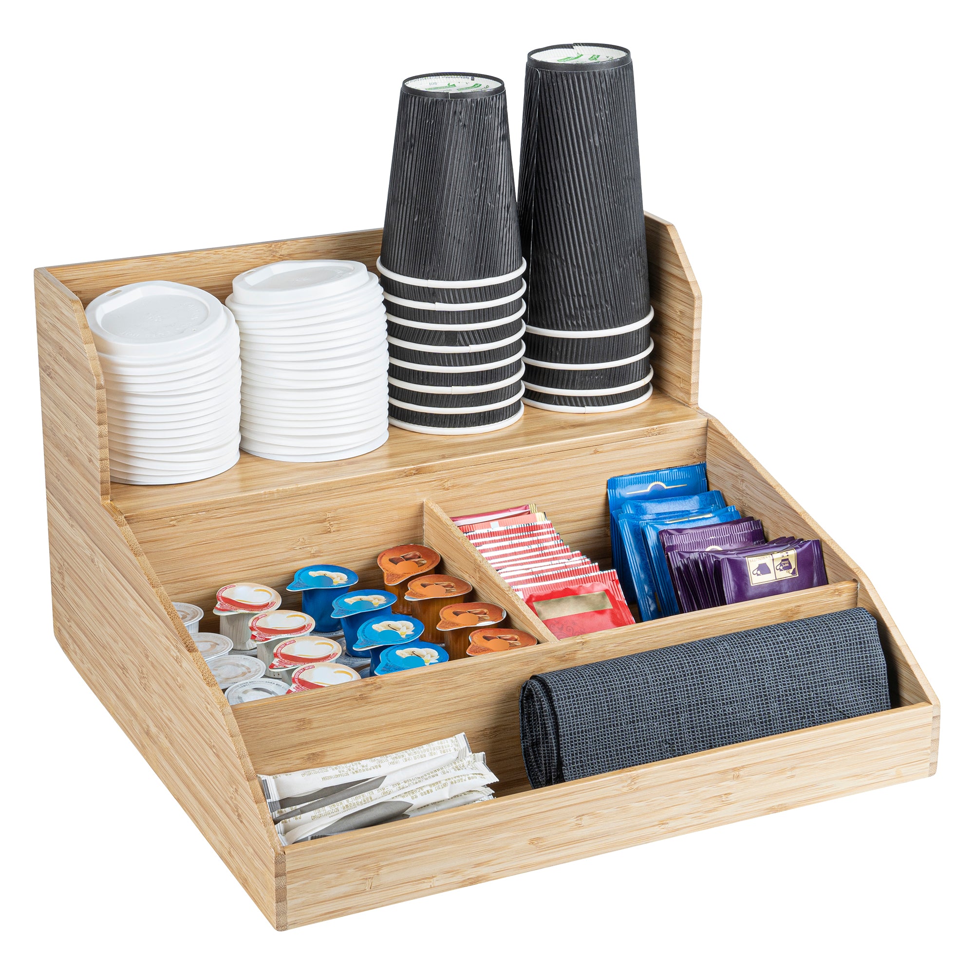 Restpresso Natural Bamboo Condiment / Coffee Cup / Lid Organizer - 15" x 14 1/4" x 9 1/4" - 1 count box