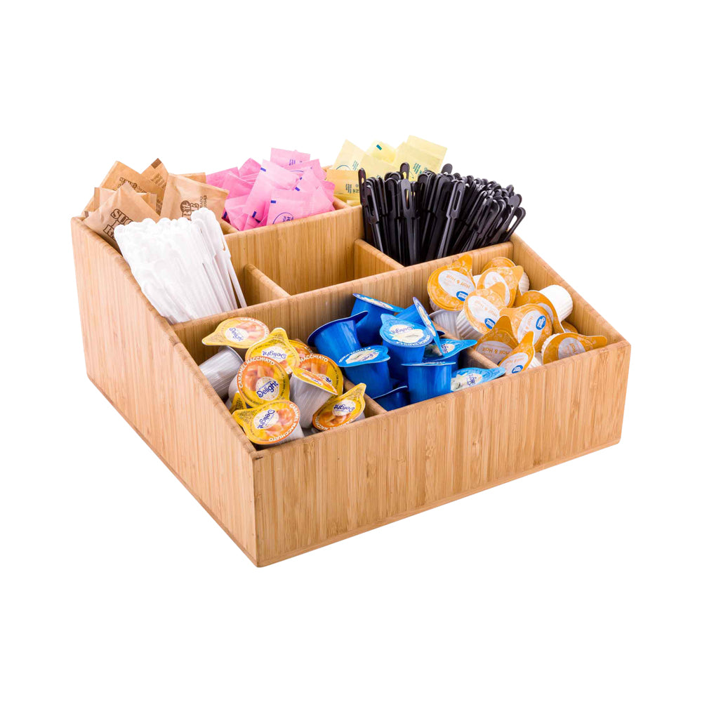 Square Natural Bamboo Condiment Organizer - 9 Compartments - 11 3/4" x 11 3/4" x 5 1/2" - 1 count box