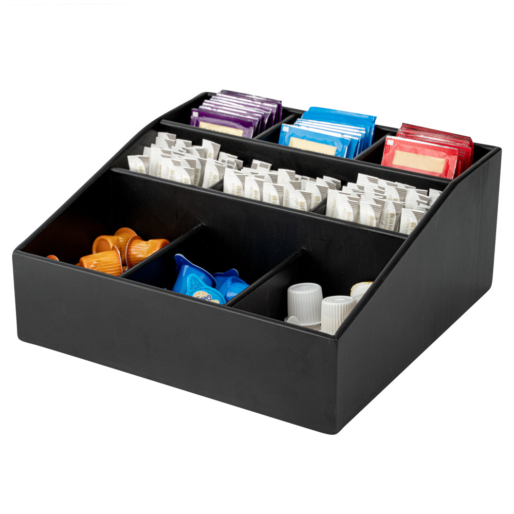 Square Black Bamboo Condiment Organizer - 9 Compartments - 11 3/4" x 11 3/4" x 5 1/2" - 1 count box