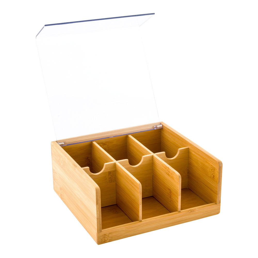 Natural Bamboo Tea Organizer - 6 Compartments, with Plastic Cover - 8 1/2" x 8" x 3 1/2" - 1 count box