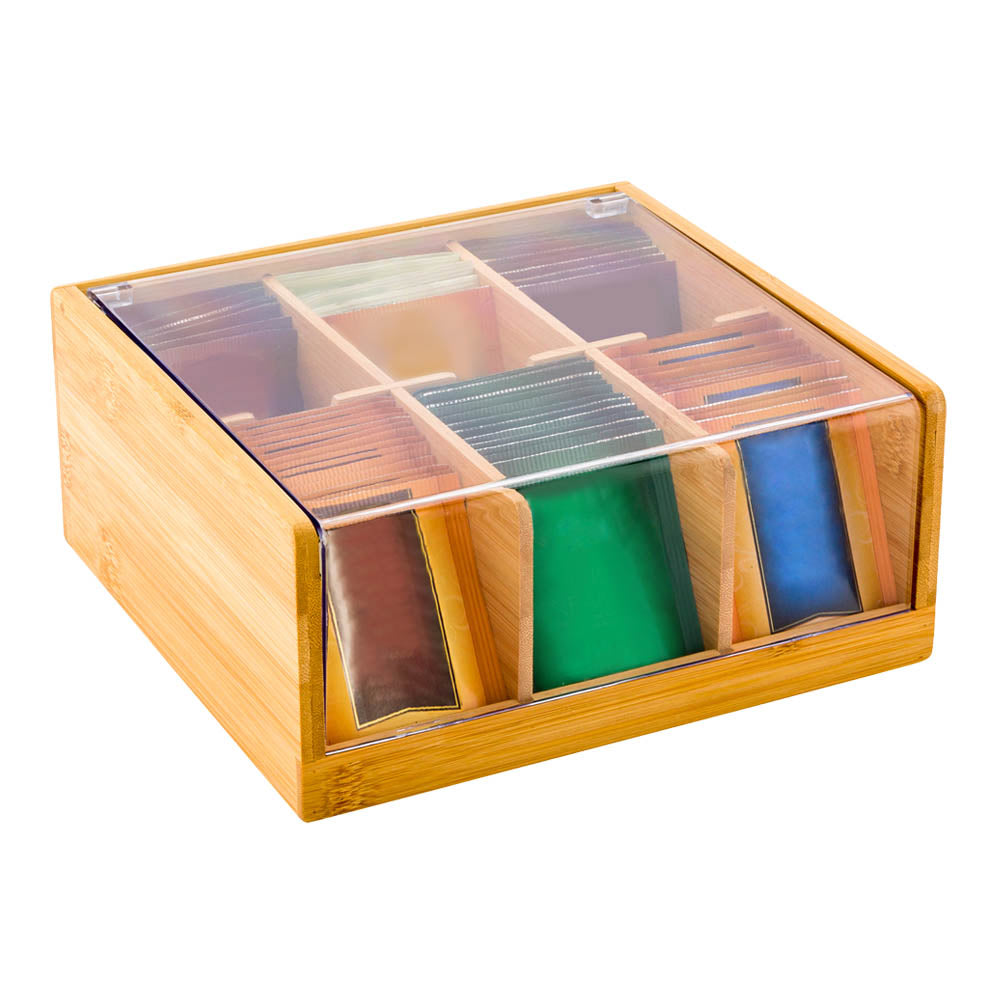 Natural Bamboo Tea Organizer - 6 Compartments, with Plastic Cover - 8 1/2" x 8" x 3 1/2" - 1 count box