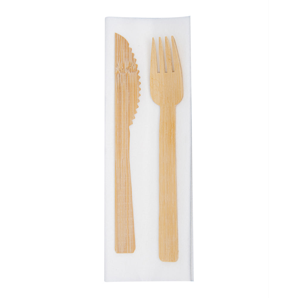 Natural Bamboo Disposable Fork / Knife Set - with White Napkin - 6 3/4" x 3 1/4" x 3/4" - 100 count box