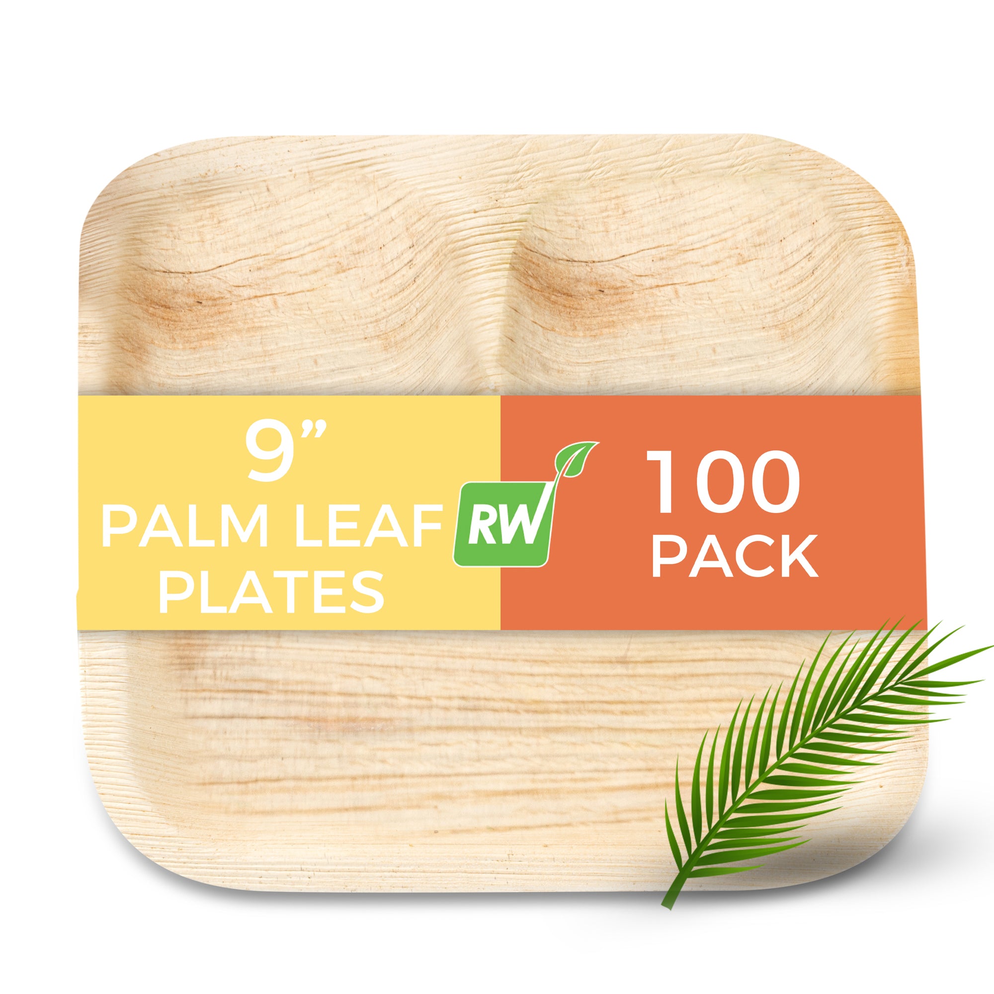 Indo Square Natural Palm Leaf Plate - 3-Compartment - 9" x 9" x 1" - 100 count box