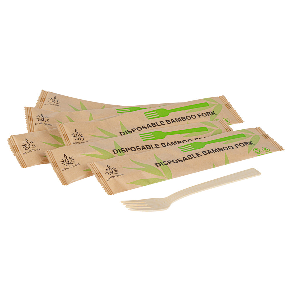 Bambuddha Natural Bamboo Disposable Fork - with Kraft Paper Pouch - 7" x 1" - 1000 count box