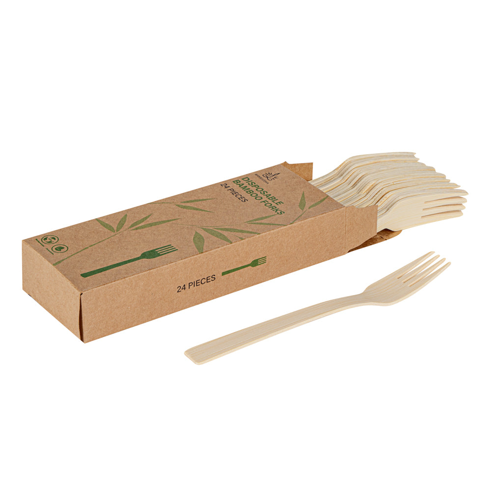 Bambuddha Natural Bamboo Disposable Fork - Retail Pack - 7" x 1" - 24 count box