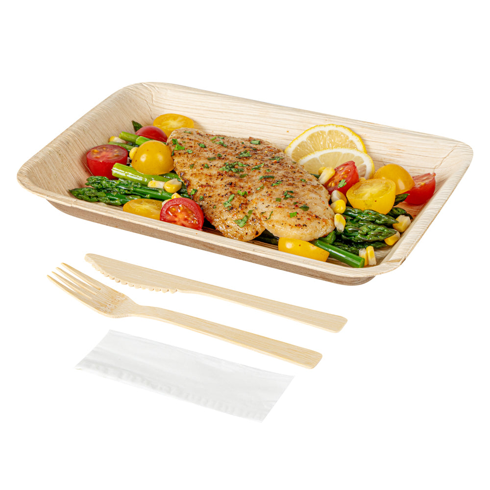 Bambuddha Natural Bamboo Disposable Fork / Knife Set - with White Napkin and Kraft Paper Pouch - 7" - 500 count box