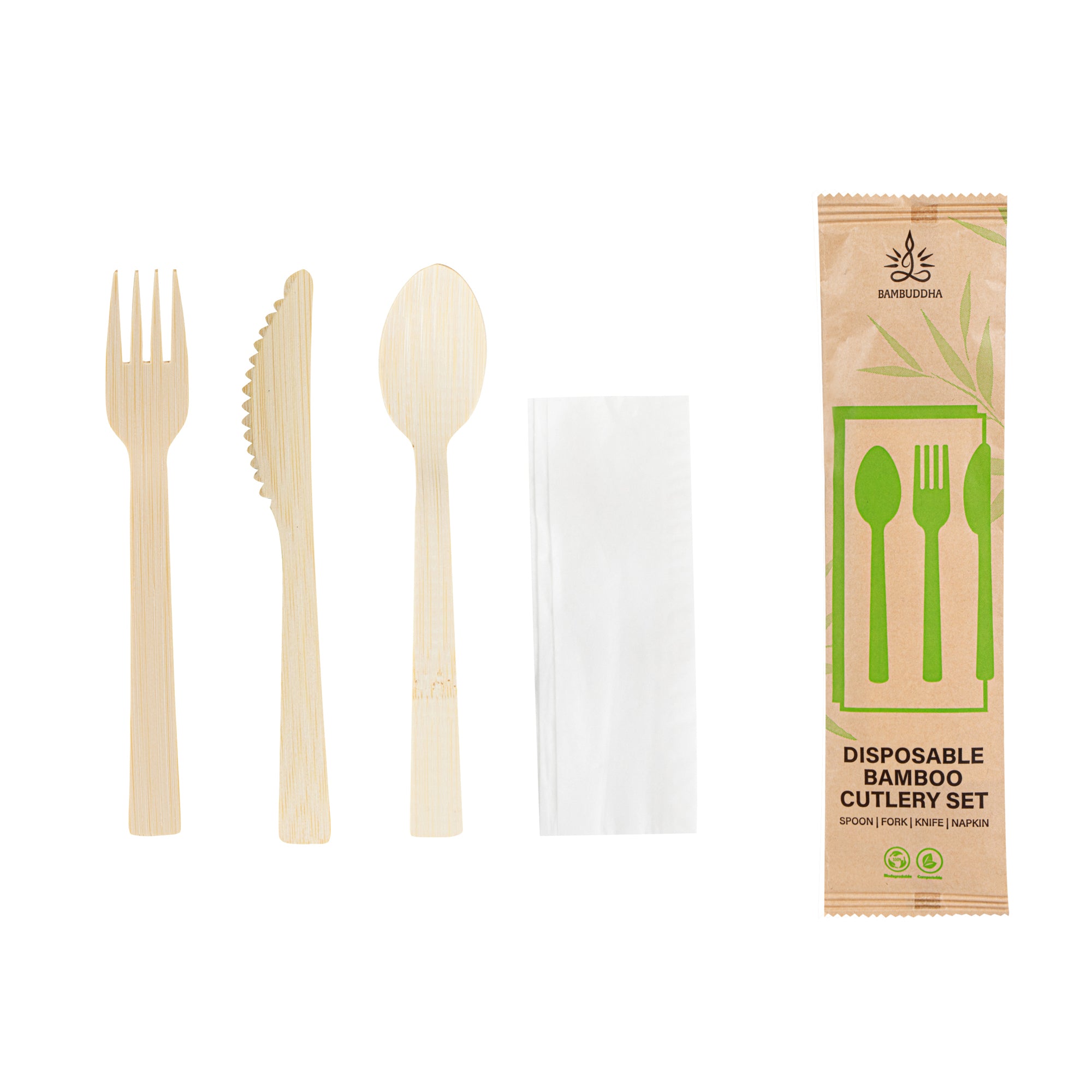 Bambuddha Natural Bamboo Disposable Cutlery Set - with Kraft Paper Pouch - 7" - 50 count box