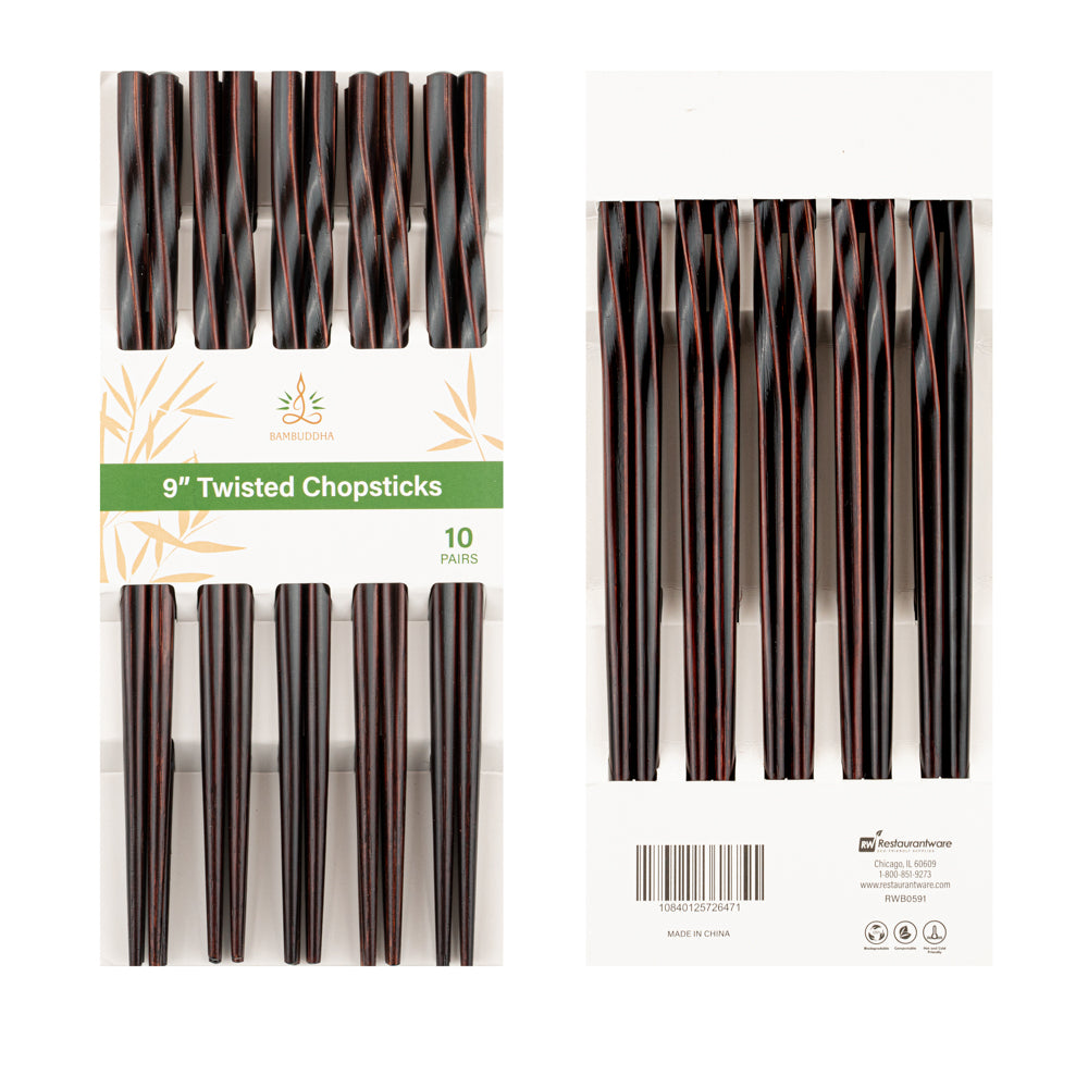 Bambuddha Dark Brown Bamboo Twisted Chopsticks - 9" - 100 count box