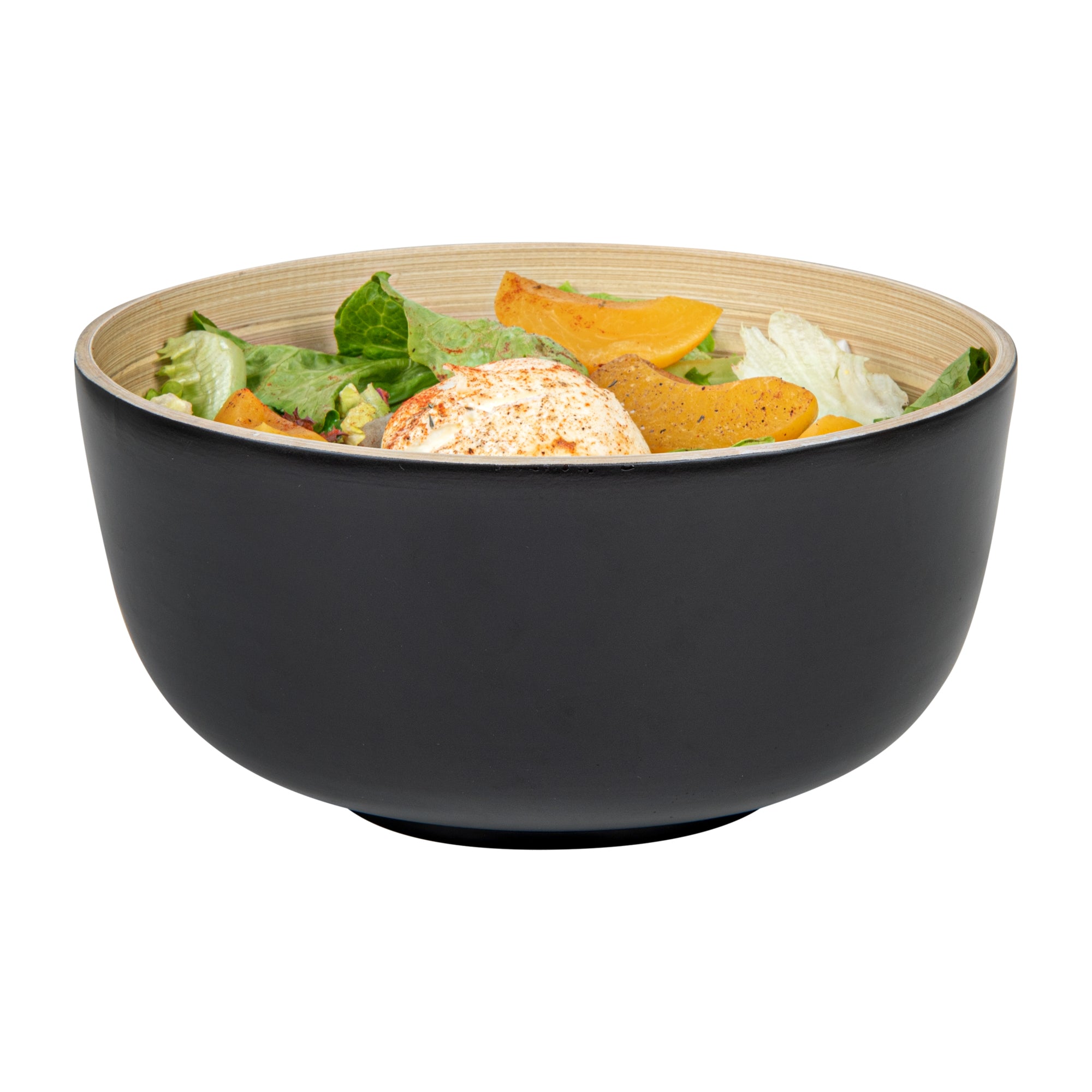 Bambuddha 25 oz Round Black Spun Bamboo Medium Salad Bowl - 9 1/2" x 9 1/2" x 4 3/4" - 1 count box