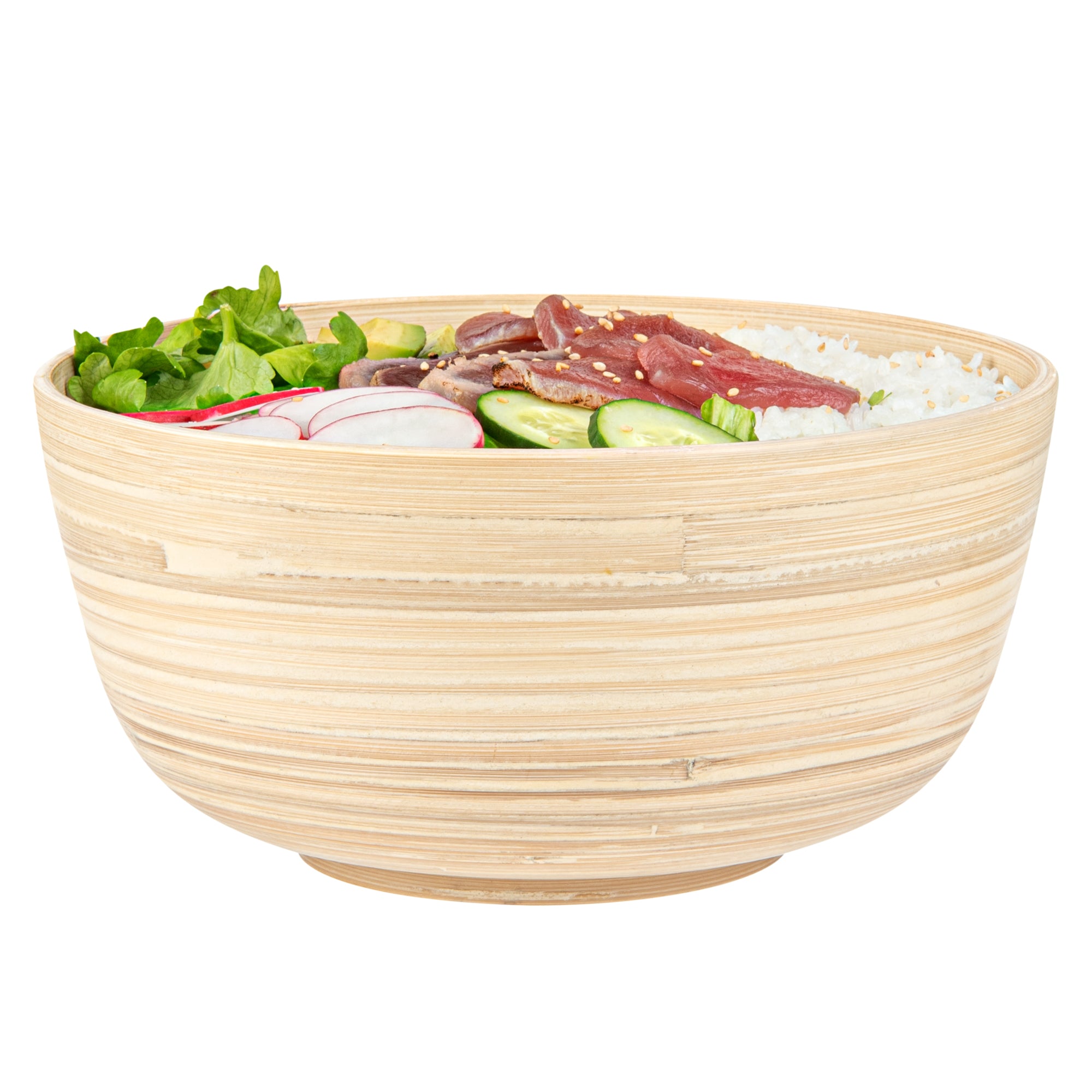 Bambuddha 25 oz Round Natural Spun Bamboo Medium Salad Bowl - 9 1/2" x 9 1/2" x 4 3/4" - 1 count box