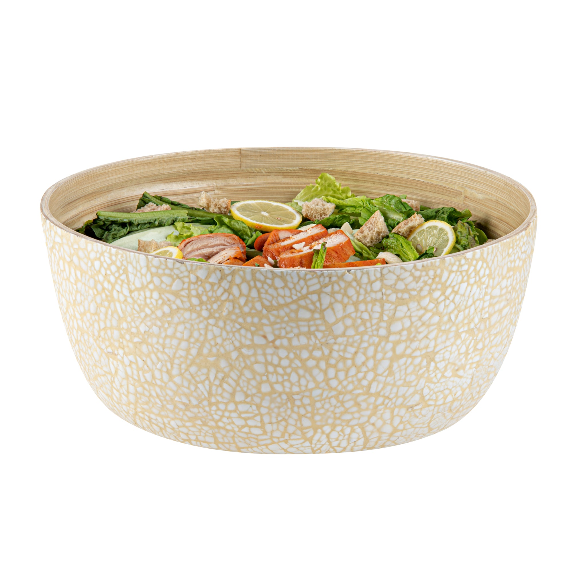 Bambuddha 51 oz Round Beige Spun Bamboo Extra Large Eggshell Salad Bowl - 13 1/2" x 13 1/2" x 6 1/4" - 1 count box