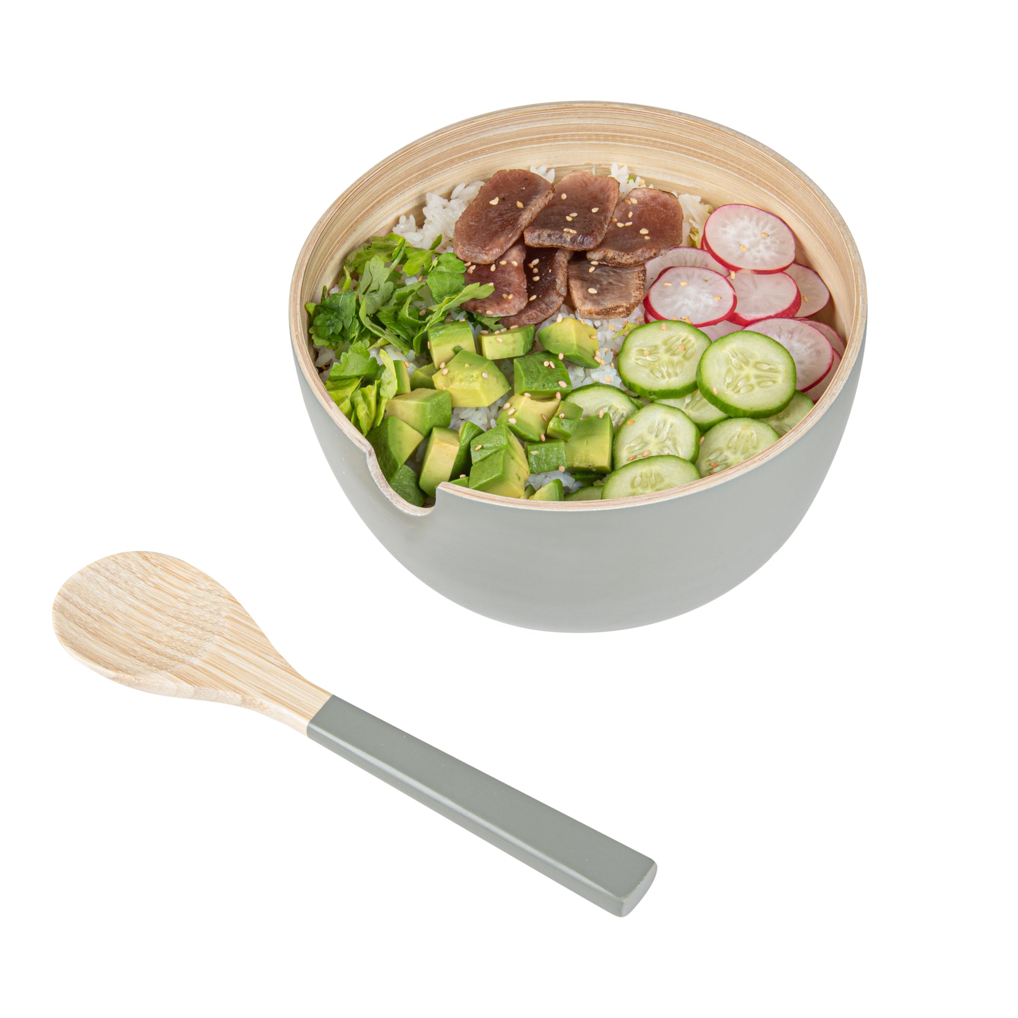 Bambuddha 25 oz Round Gray Spun Bamboo Serving Bowl - with Serving Spoon - 7 3/4" x 7 3/4" x 4" - 10 count box